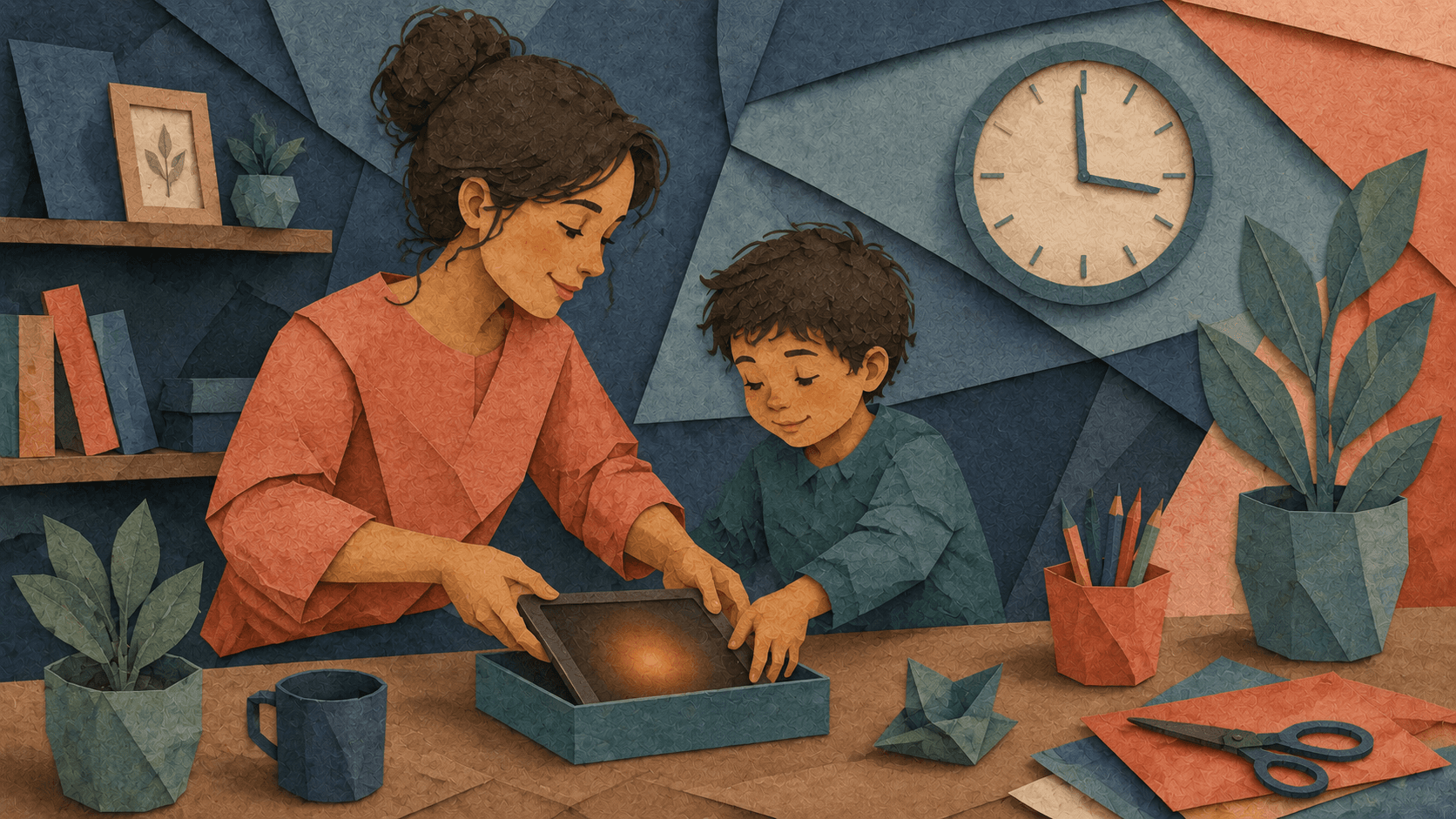 A parent and child setting a tablet aside to connect, representing calm screen-time limits.
