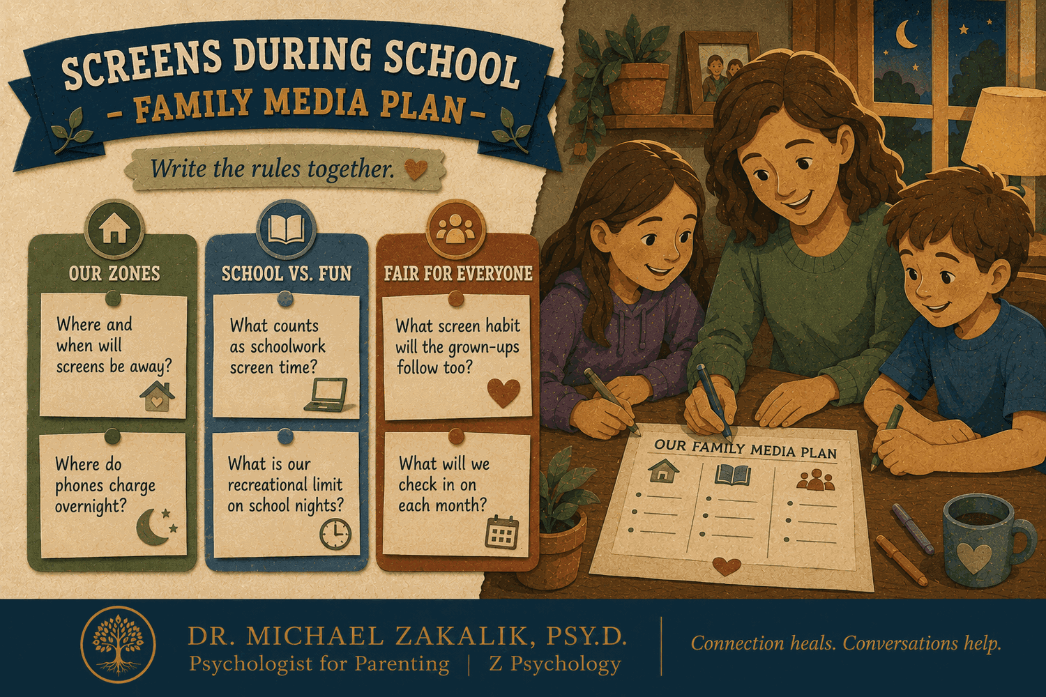 Family media plan guide with prompts for screen-free zones, school and recreational use, and fair household habits.