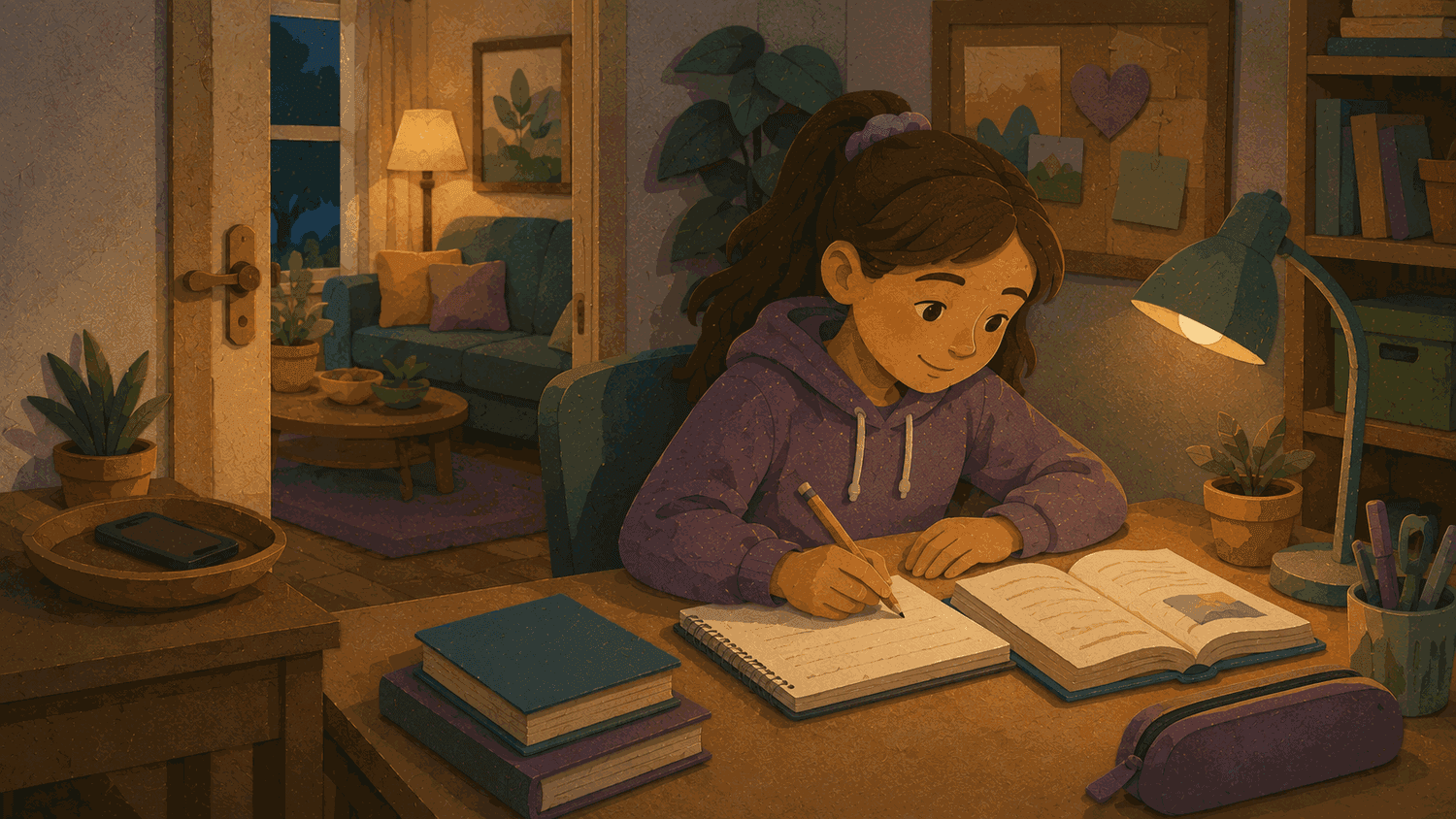 A student focusing on homework while her phone rests in another room.