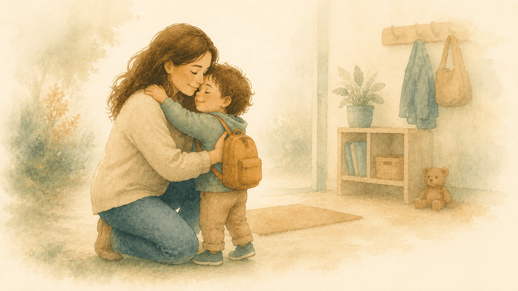 Soft, reassuring scene representing a secure parent-child bond across a separation.