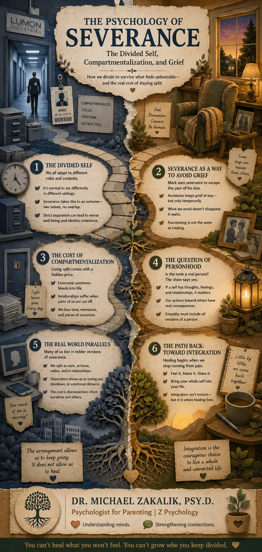 Infographic on Severance: the compartmentalized self, severance as grief avoidance, the innie's personhood, Lumon as cult, meaningless work, and integration versus splitting.