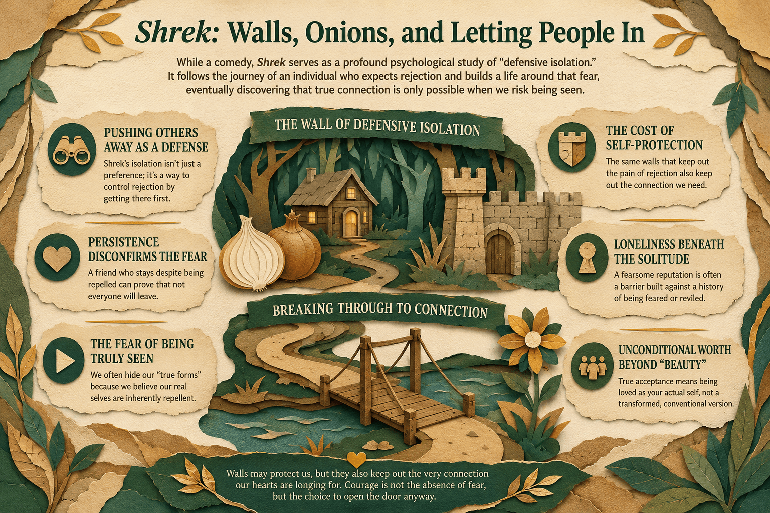 Infographic on Shrek: defensive isolation, the fear of rejection, pushing people away first, the friend who will not leave, and being truly seen.