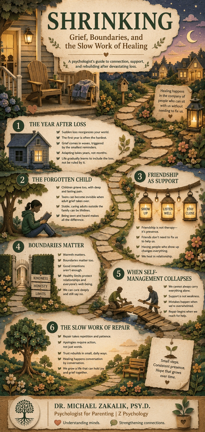 Infographic on Shrinking: the year after loss, the forgotten grieving child, therapist boundaries and ethics, friendship as support, and the slow work of repair.