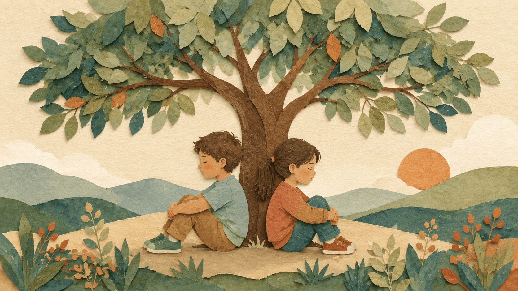 Two siblings sheltered under one tree, representing a sibling bond that can hold conflict.