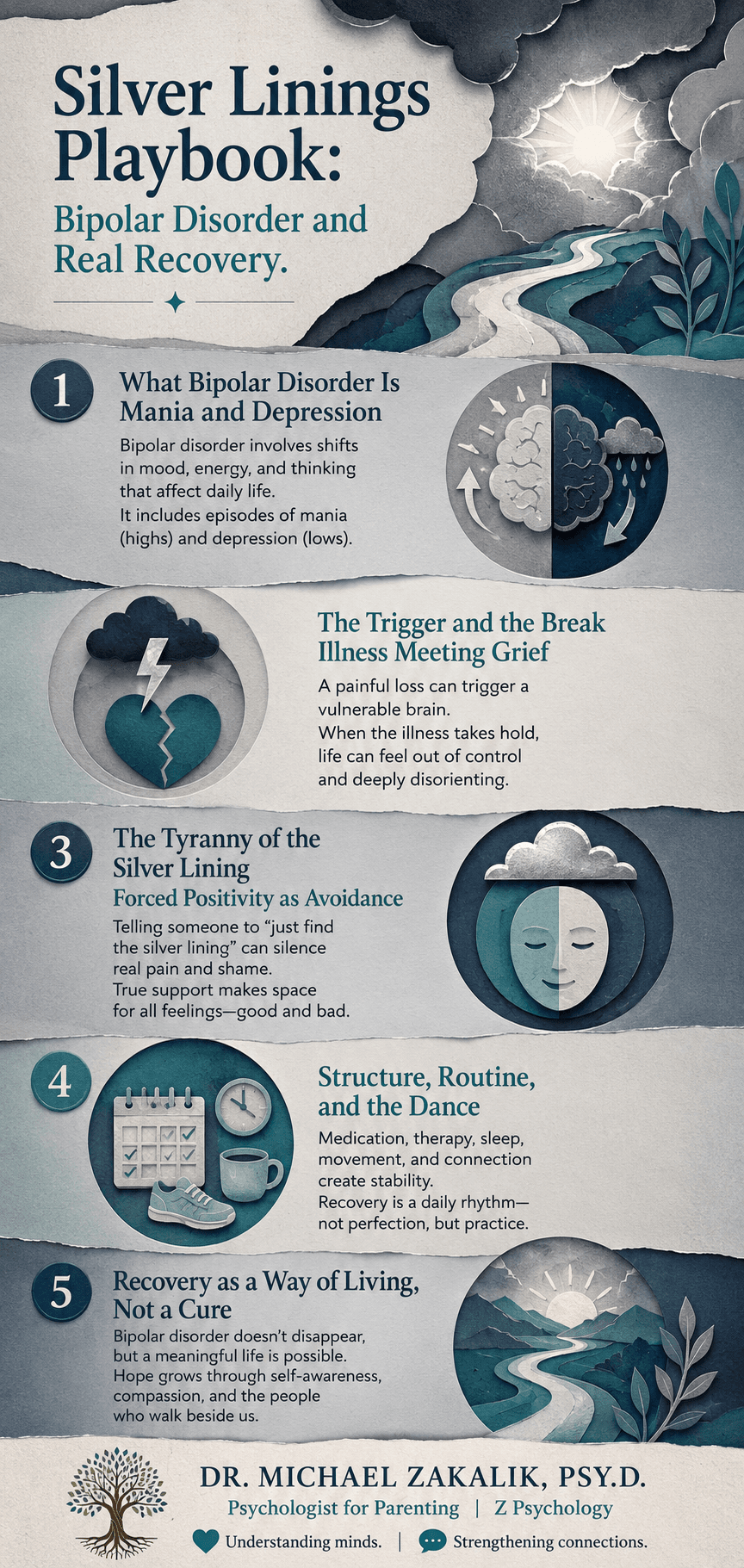 Infographic on Silver Linings Playbook: bipolar disorder, grief, forced positivity, and recovery as a way of living.