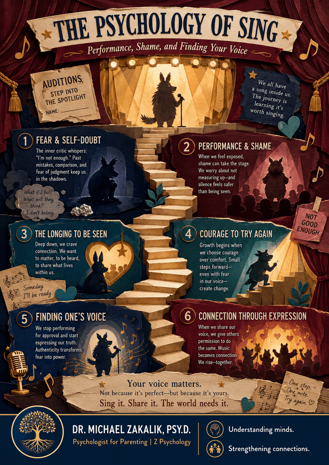 Infographic on Sing: the courage to be seen, the self lost in caregiving, escaping an inherited path, and the transformative power of finding your voice.