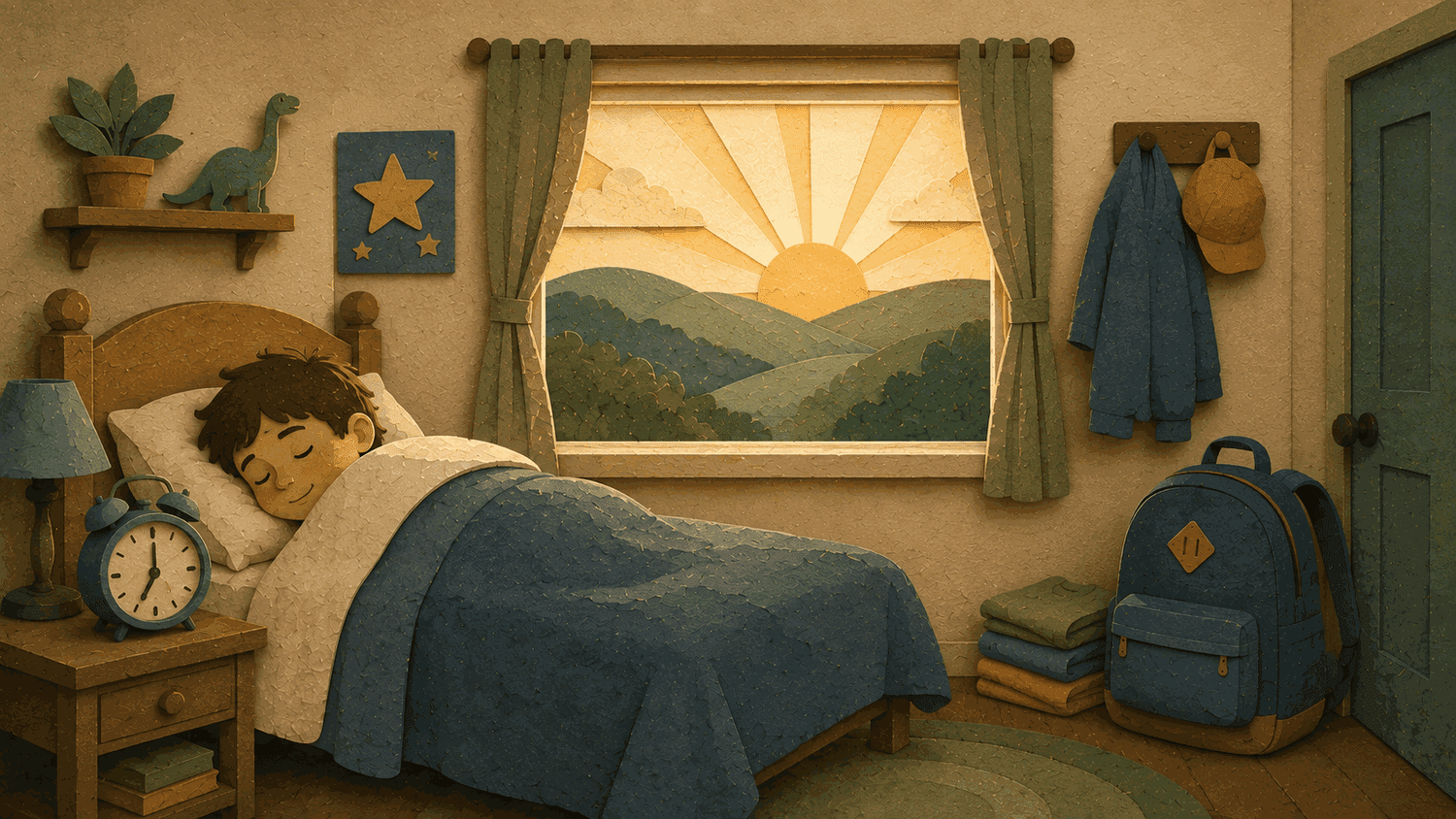 A child sleeping in a calm bedroom as morning light comes through the window.