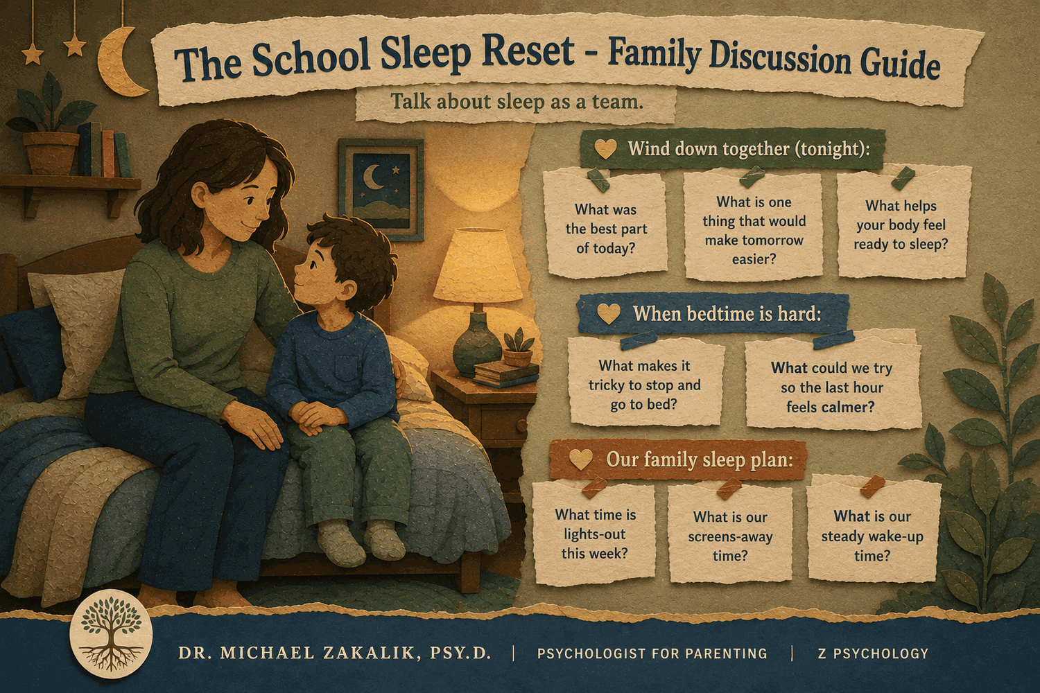 Family discussion guide with questions for making a calm school sleep plan together.
