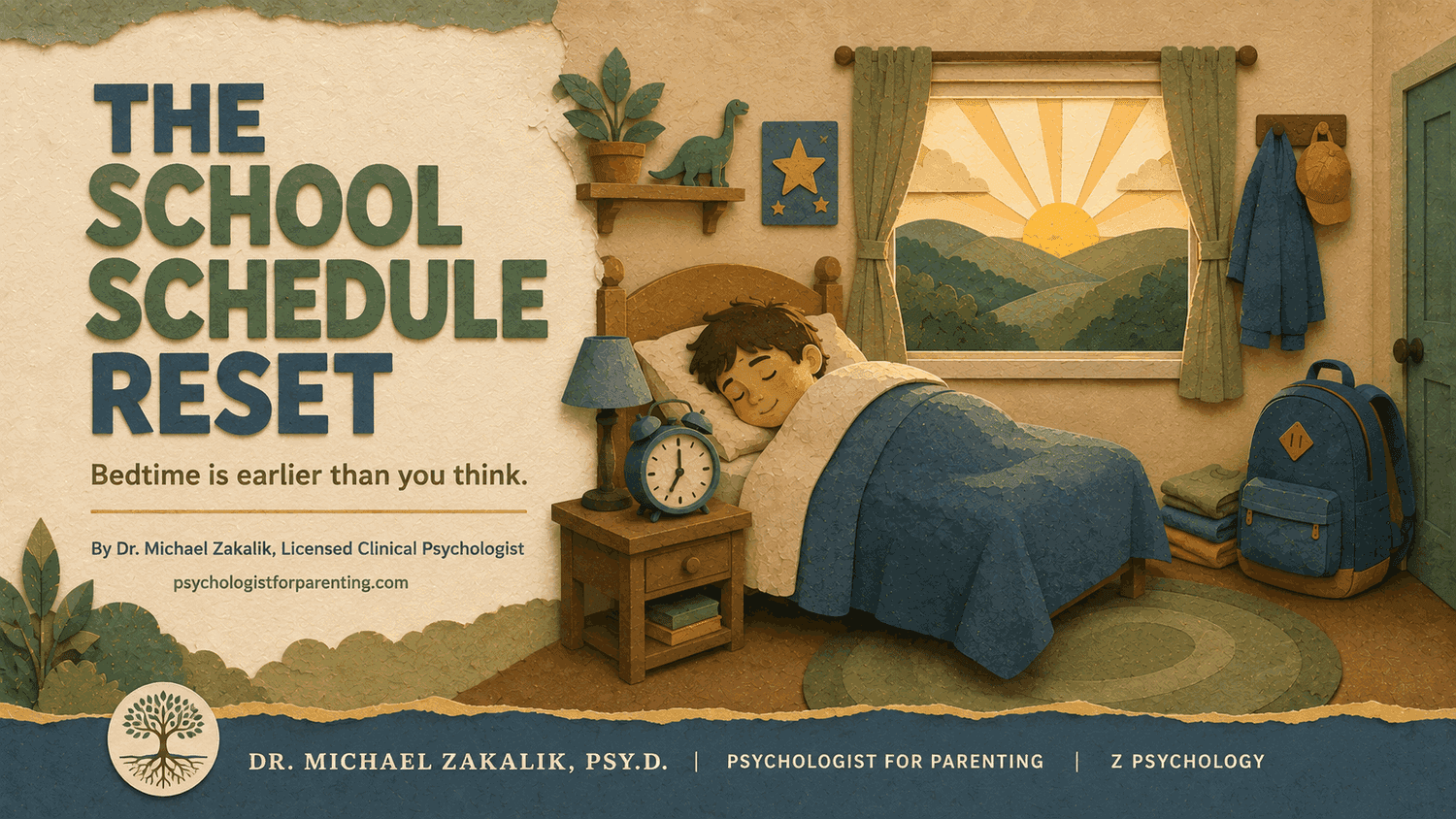 A child sleeping peacefully in a warm bedroom prepared for the school morning.