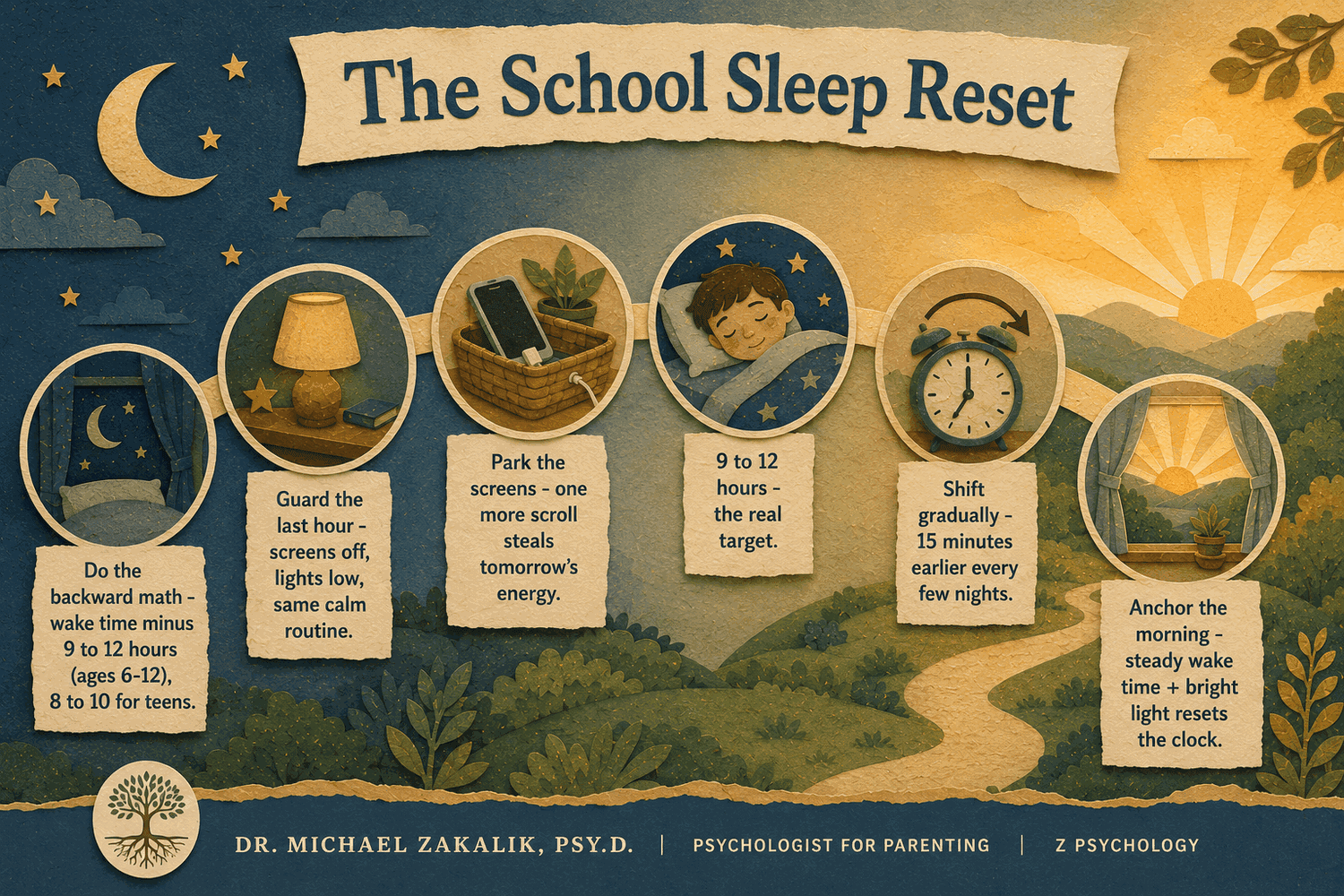 Infographic showing how to reset a child's school sleep schedule.