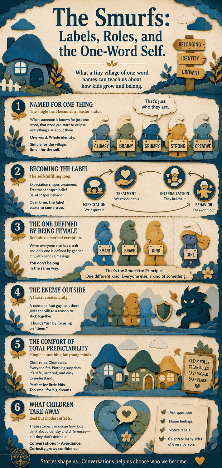 Infographic on the psychology of the Smurfs: naming for one trait, master status, the self-fulfilling label, the lone female character, the outside enemy, and the comfort of predictability.