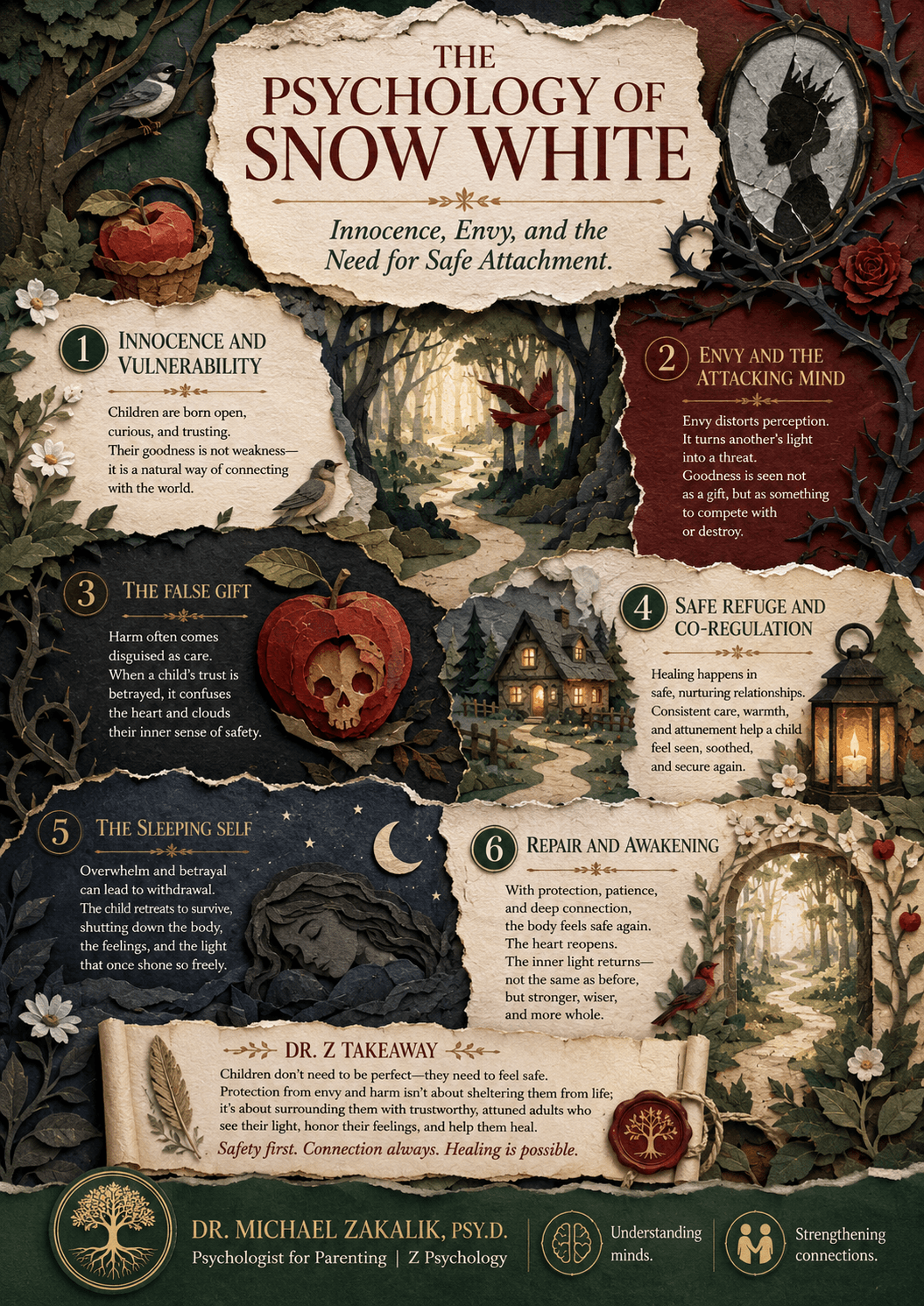 Infographic on Snow White: pathological envy, aging and beauty anxiety, the mirror as external validation, contingent self-worth, and protecting yourself from another person's envy.