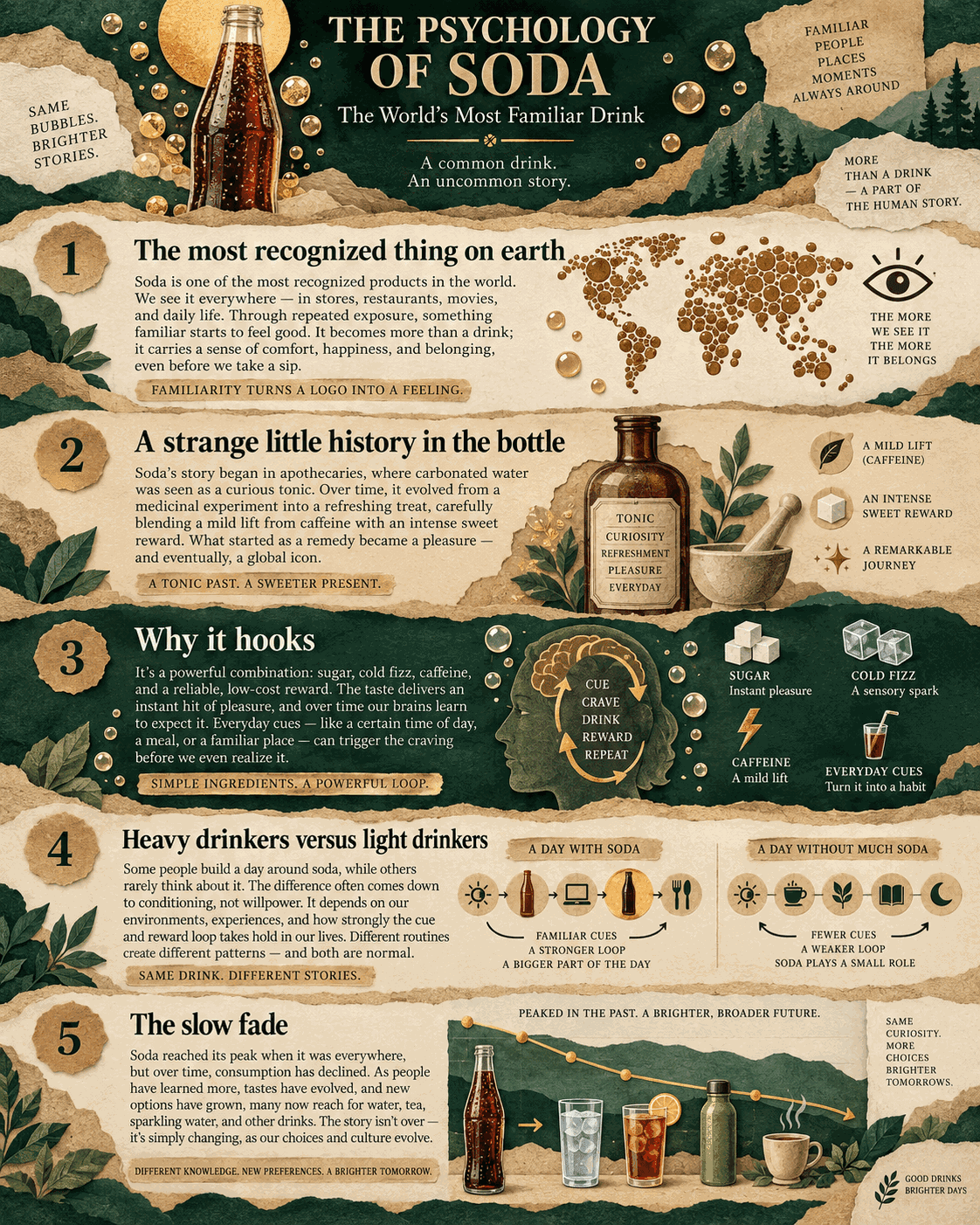 Infographic on the psychology of soda: worldwide brand recognition, its strange origins, why sugar and fizz hook us, why heavy and light drinkers differ, and the cultural decline of sugary drinks.