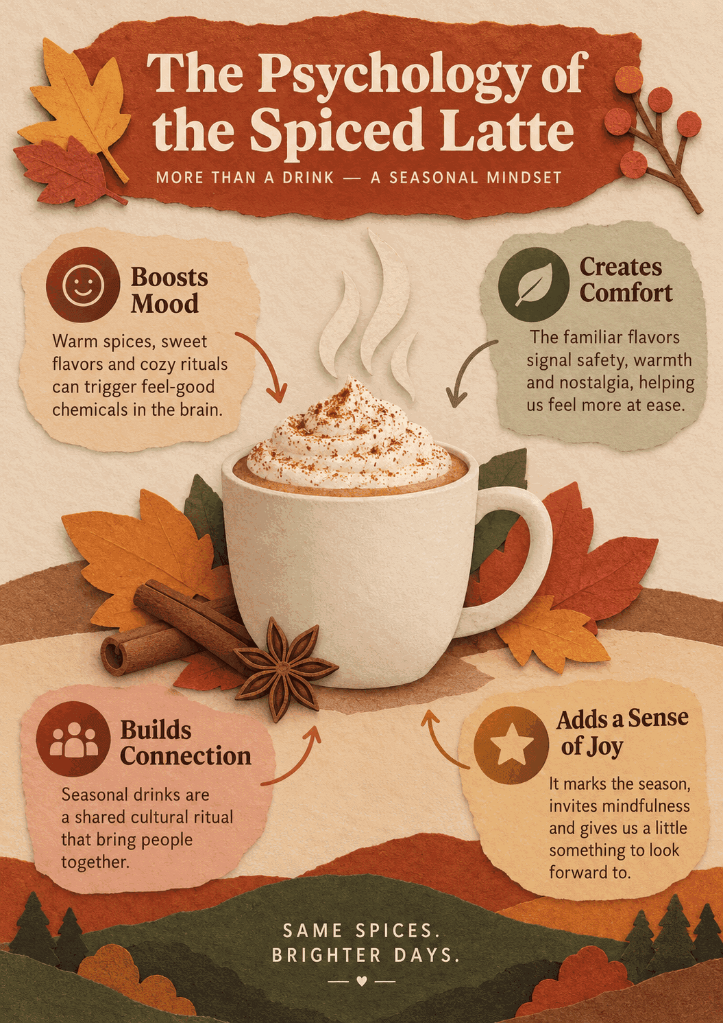 Infographic on the psychology of the spiced latte: scarcity and limited time, the nostalgia of warm spice, the comfort of seasonal ritual, belonging and the basic badge, and cozy warmth.