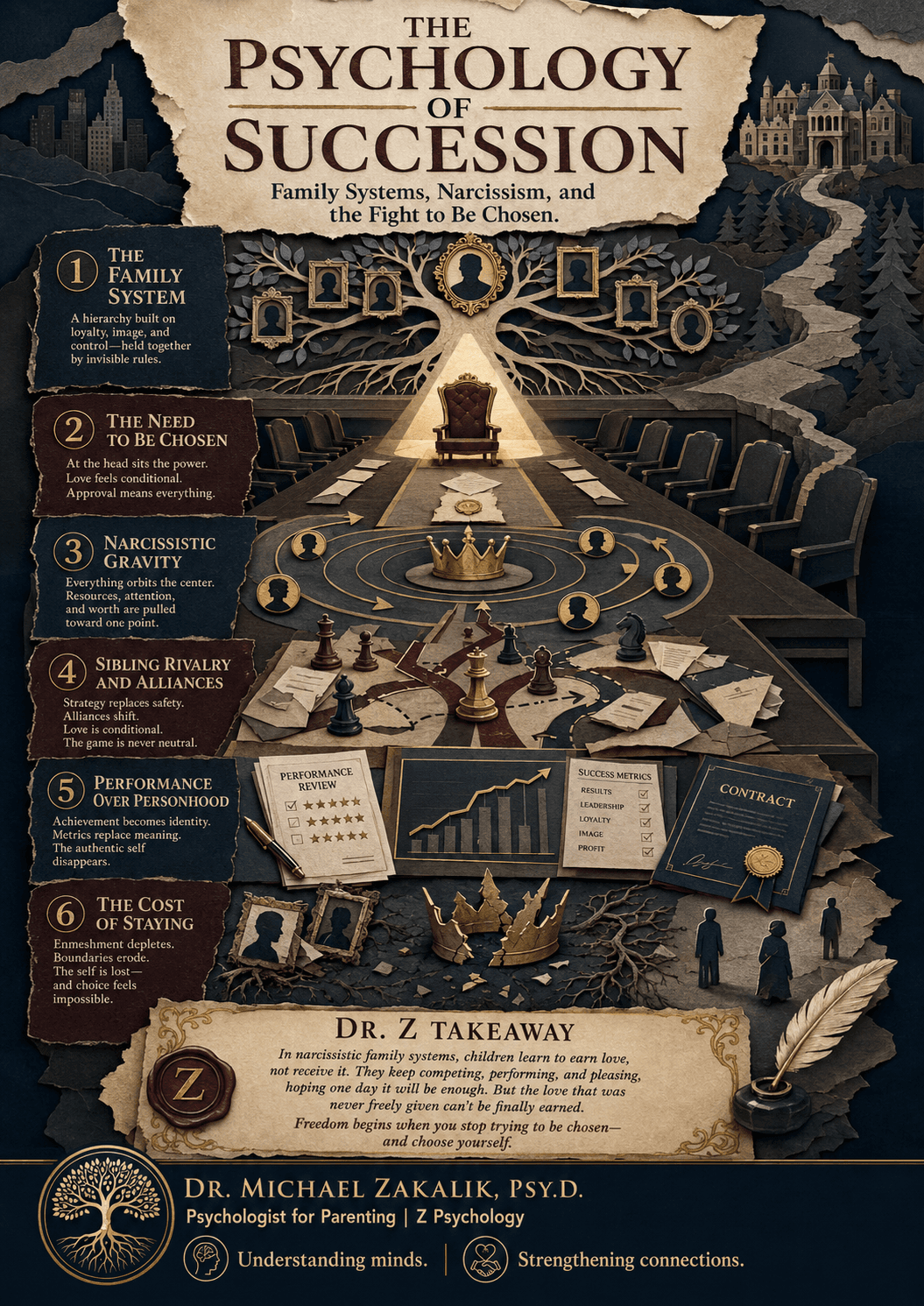 Infographic on Succession: the narcissistic family system, intermittent reinforcement, assigned sibling roles, complicated grief, and the work of healing.