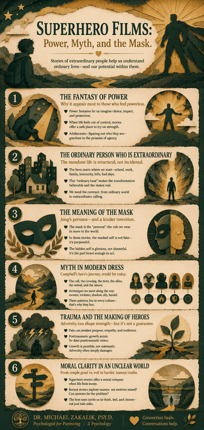 Infographic on superhero films: the fantasy of power, the ordinary person who is extraordinary, the meaning of the mask, the hero's journey and archetypes, trauma and the making of heroes with its important caveat, and moral clarity.