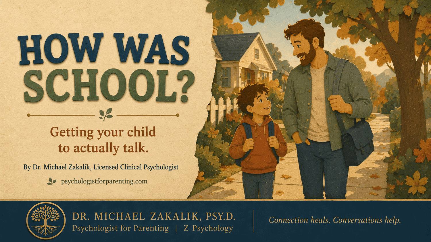 A parent and child talking together while walking home from school.