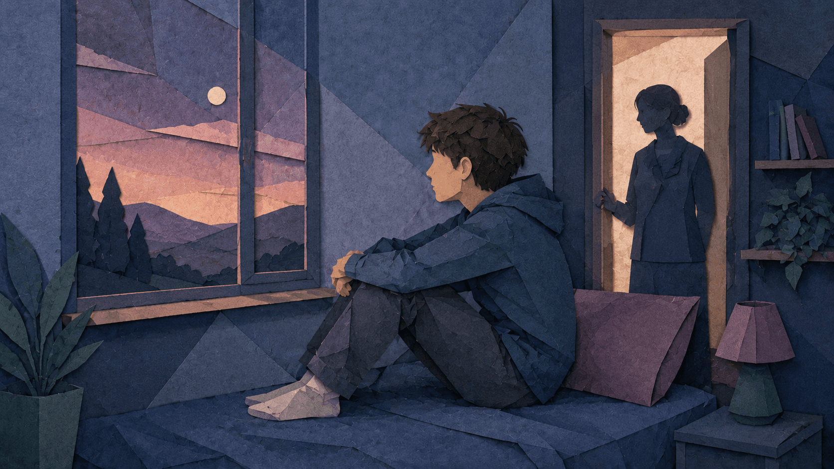 A teenager in a quiet moment with a parent nearby, representing steady connection through teen anxiety.