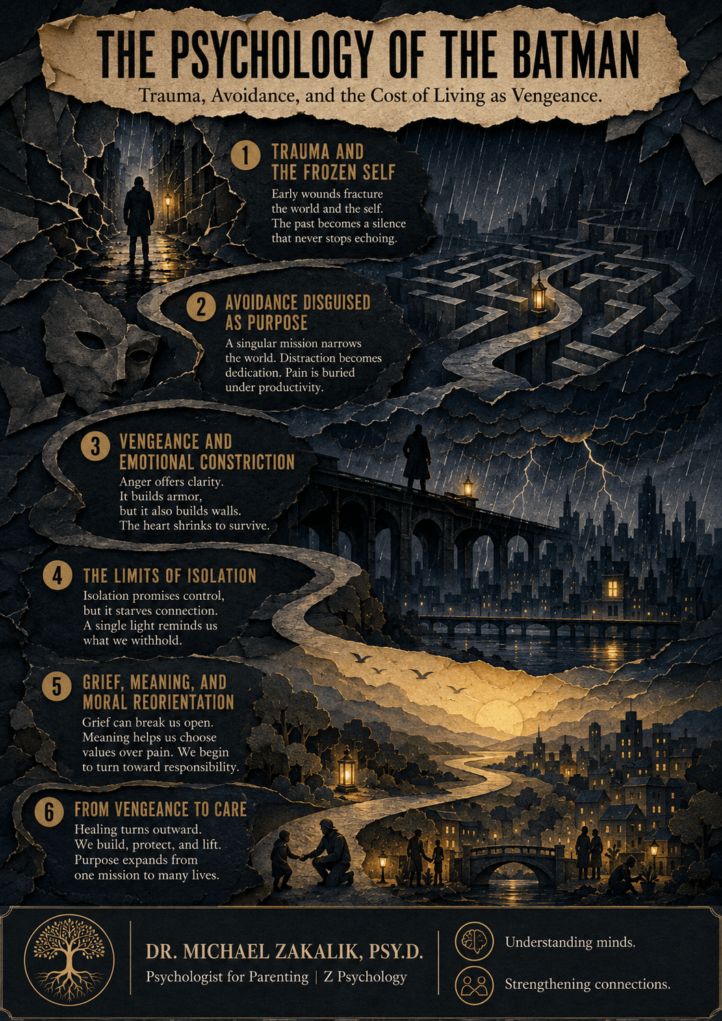 Infographic on The Batman: unresolved trauma, vengeance as avoidance, the dark mirror, the corrective relationship, and the shift from survival toward hope.