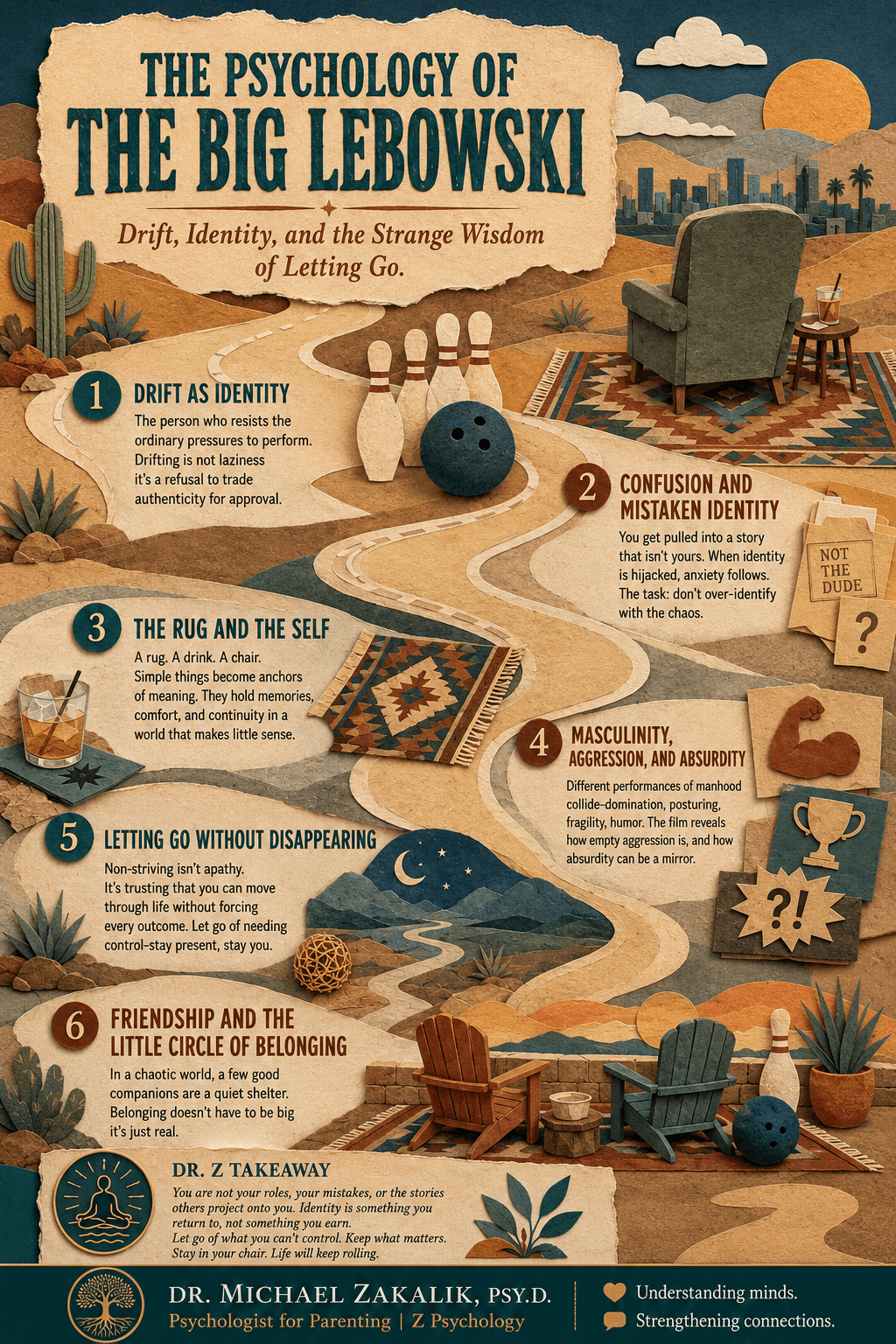 Infographic on The Big Lebowski: the refusal of status anxiety, the philosophy of abiding, acceptance of what we cannot control, the anxious attachment to meaning, and the hunger for ease.