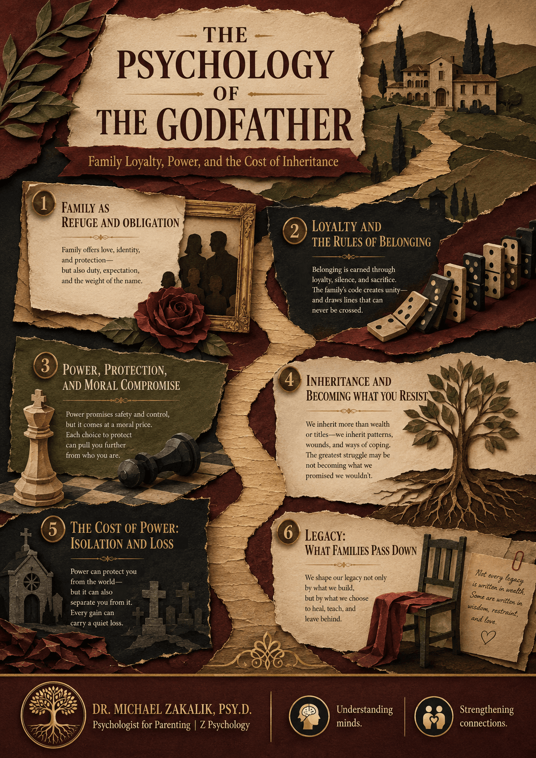 Infographic on The Godfather: gradual corruption, family loyalty as justification, lost potential, and the death of the soul.