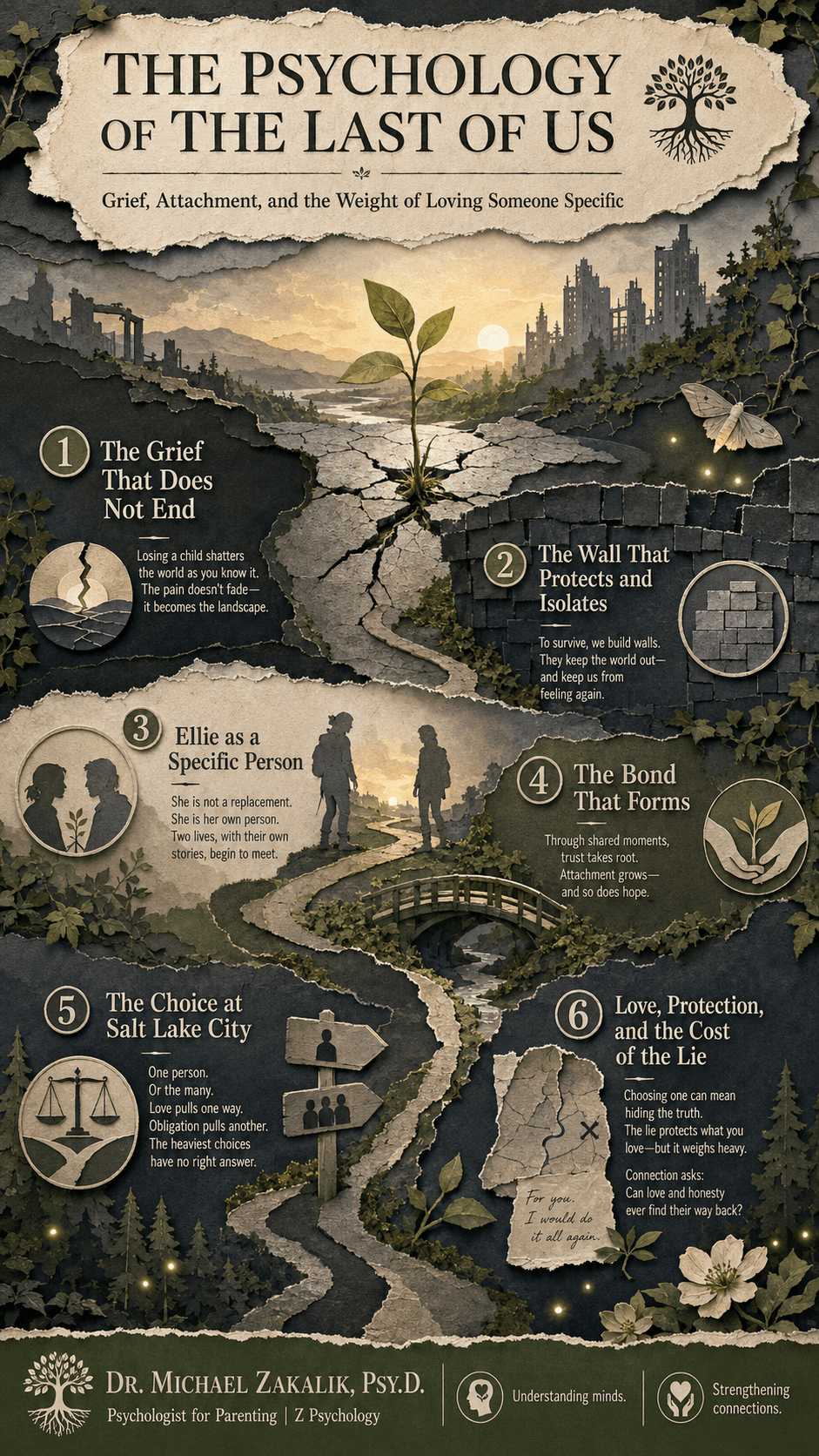 Infographic on The Last of Us: grief that does not end, emotional numbing, attachment forming after loss, found family, and the moral weight of protecting someone specific.
