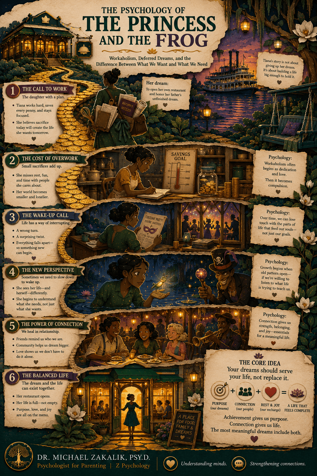 Infographic on The Princess and the Frog: the inherited dream, the features of workaholism, the difference between what we want and what we need, the recovery of play, and integration over sacrifice.