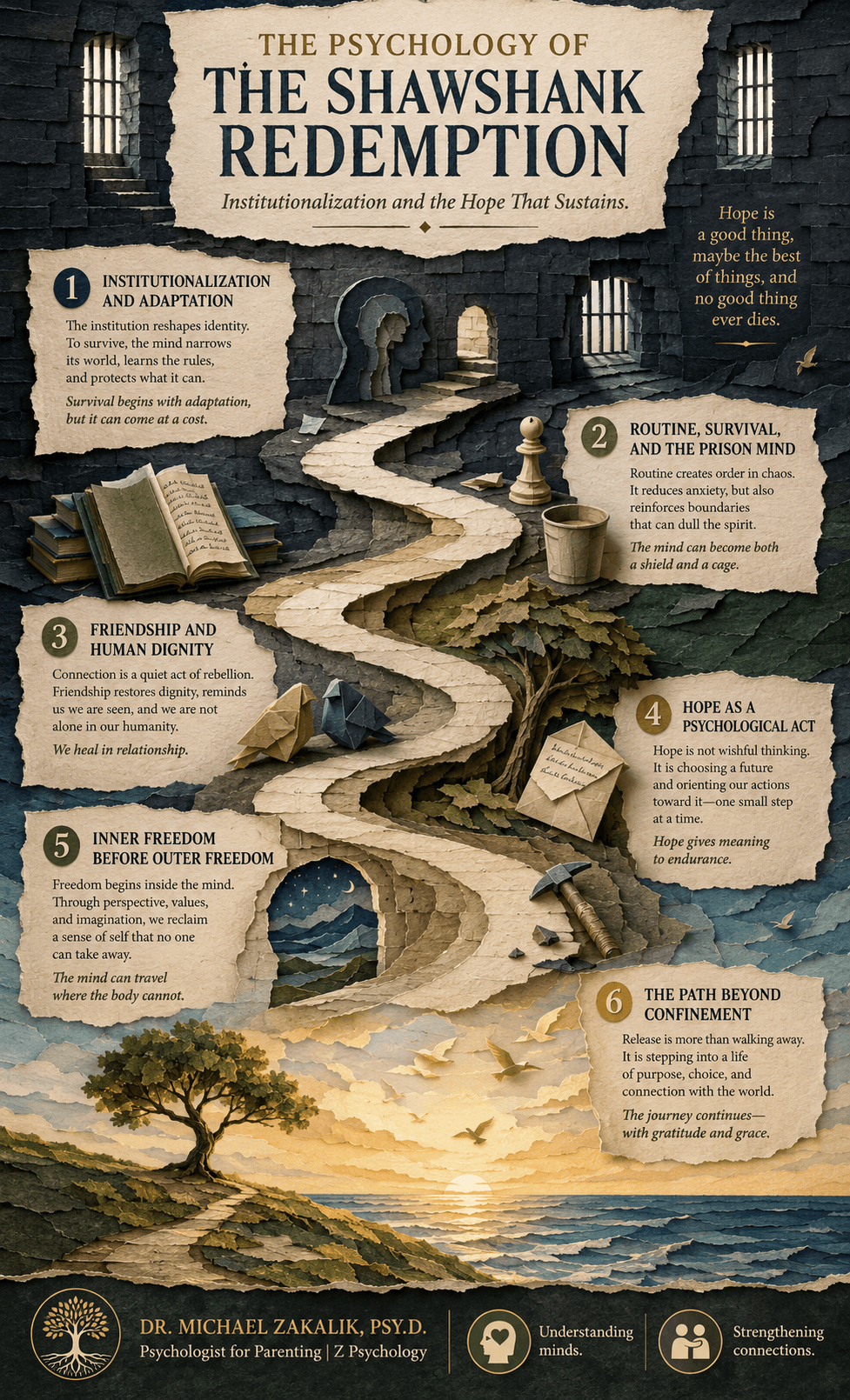 Infographic on The Shawshank Redemption: total institutions, the path from resistance to dependence, the two faces of hope, meaning as survival, and the thread to reach toward.