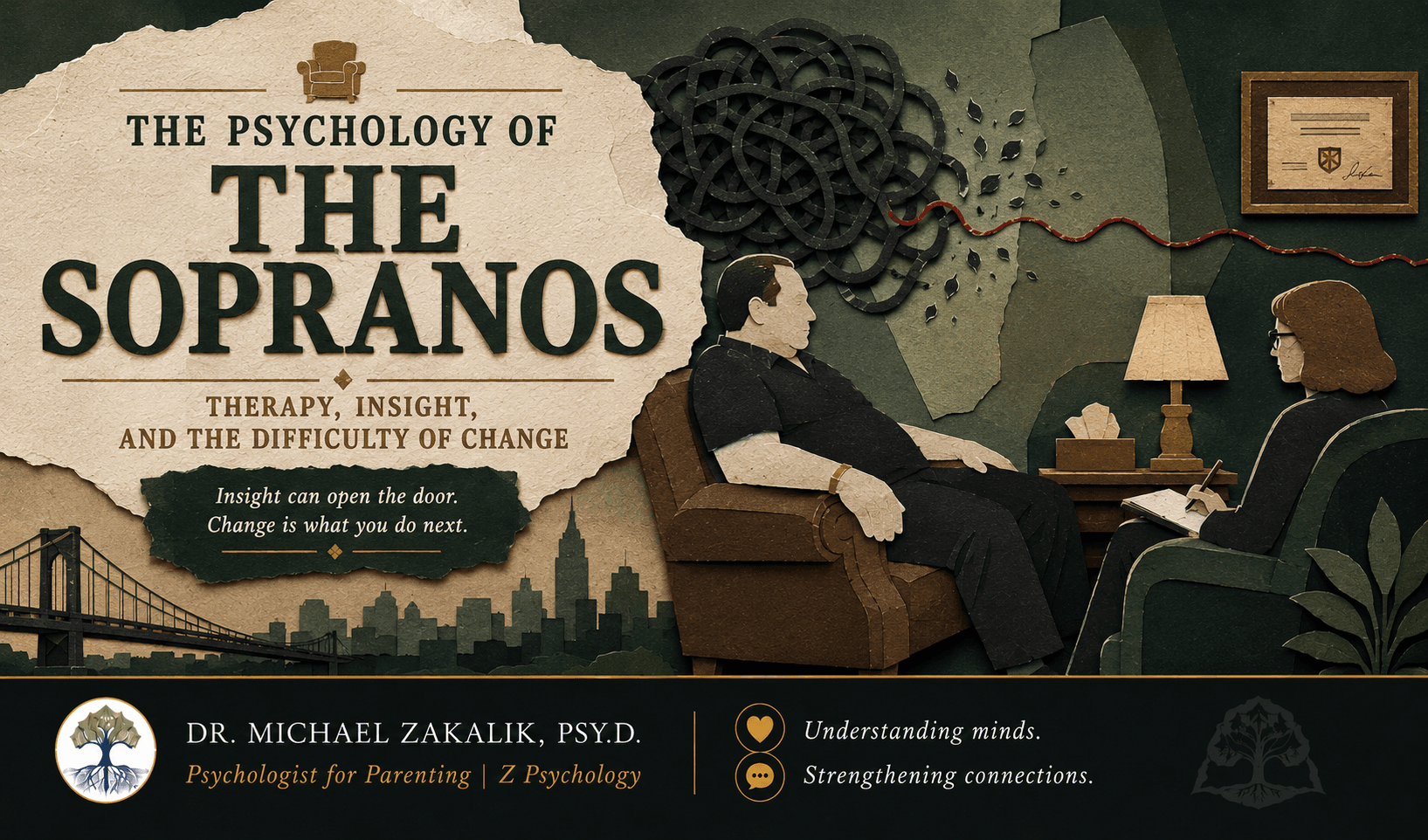 Paper-cut illustration of a heavy-set man seated in a therapist's chair across from a quiet clinician, a tangled knot of dark roots behind him slowly giving way to a single unbroken thread, representing insight that never quite becomes change.