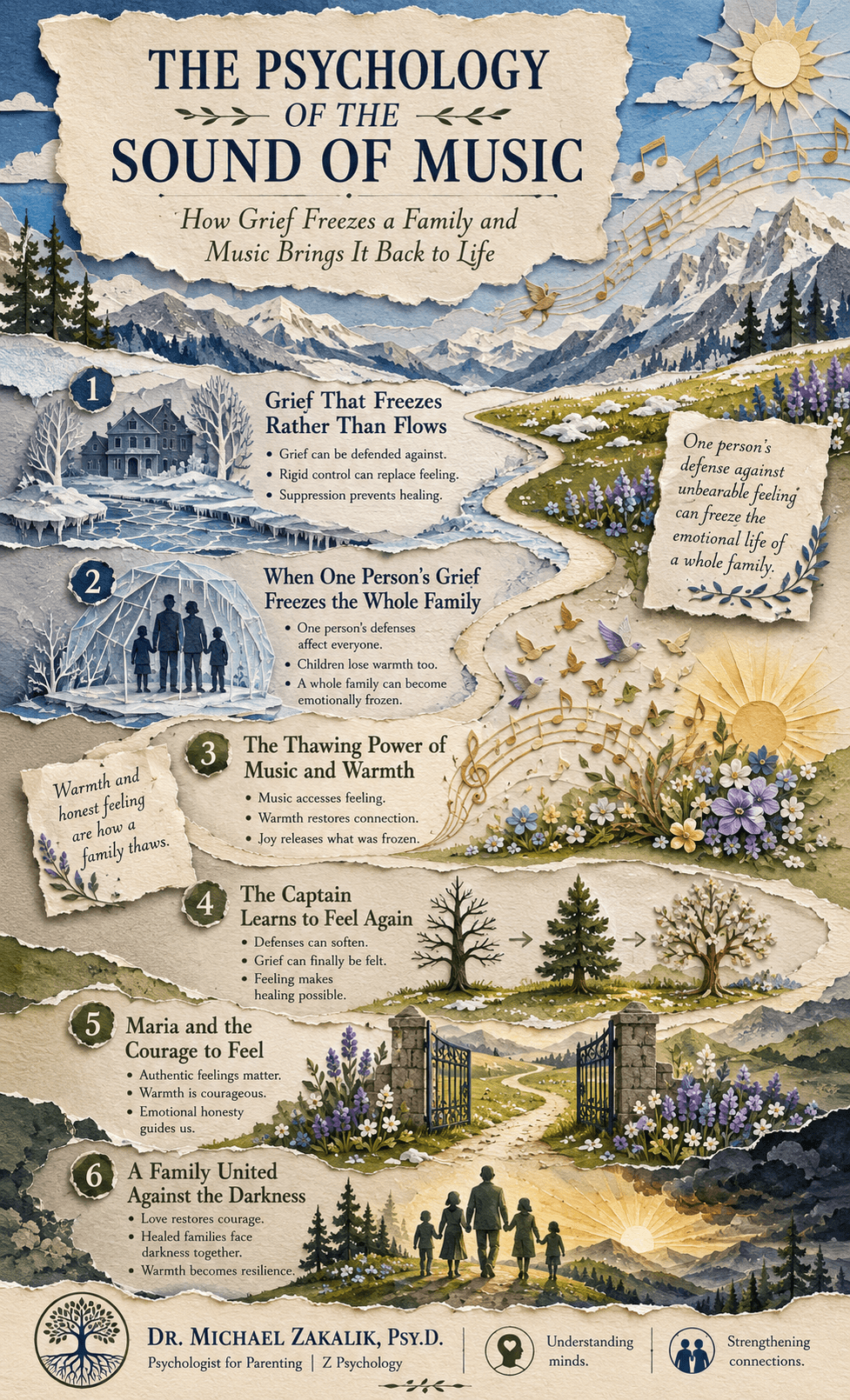 Infographic on The Sound of Music: grief that freezes a family, the cost of suppression on children, the thawing power of music and warmth, the courage to feel, and healing through emotional expression.
