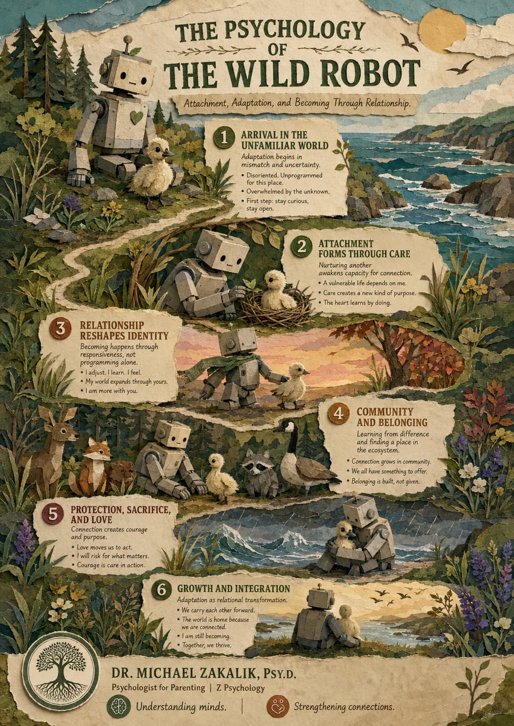 Infographic on The Wild Robot: motherhood as learned, built attachment, co-caregiving, the right caregiving match, and the work of letting go.