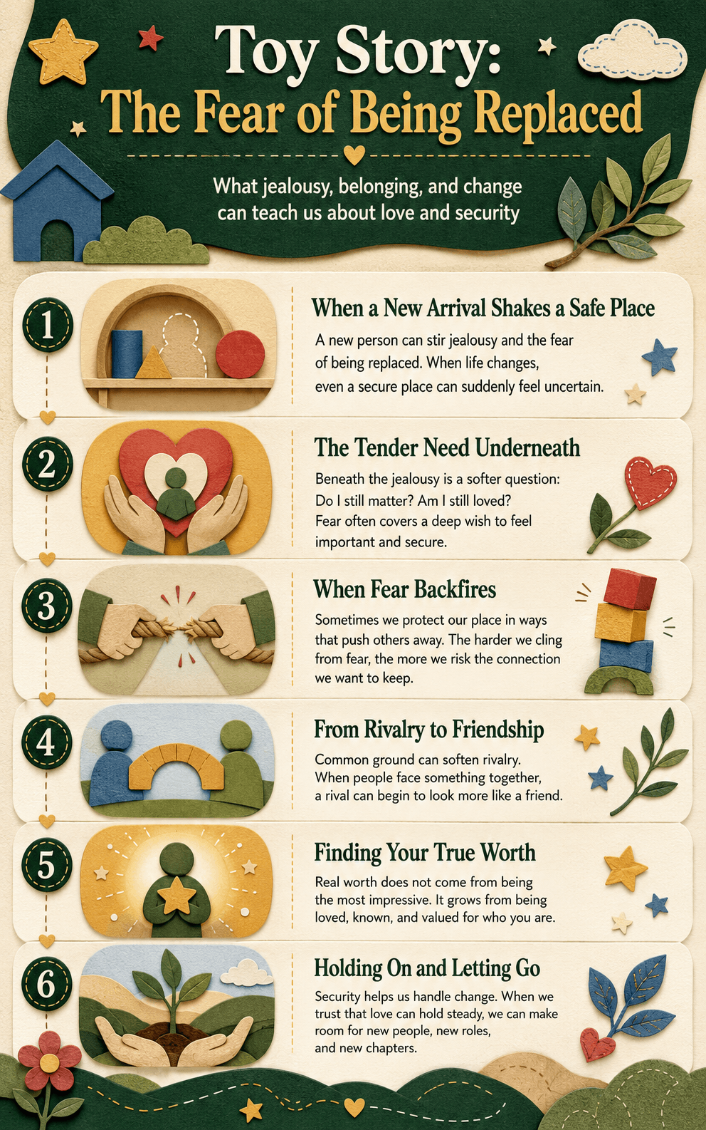 Infographic on Toy Story: the fear of being replaced, the need to matter, rivalry into friendship, finding your true worth, and handling change.