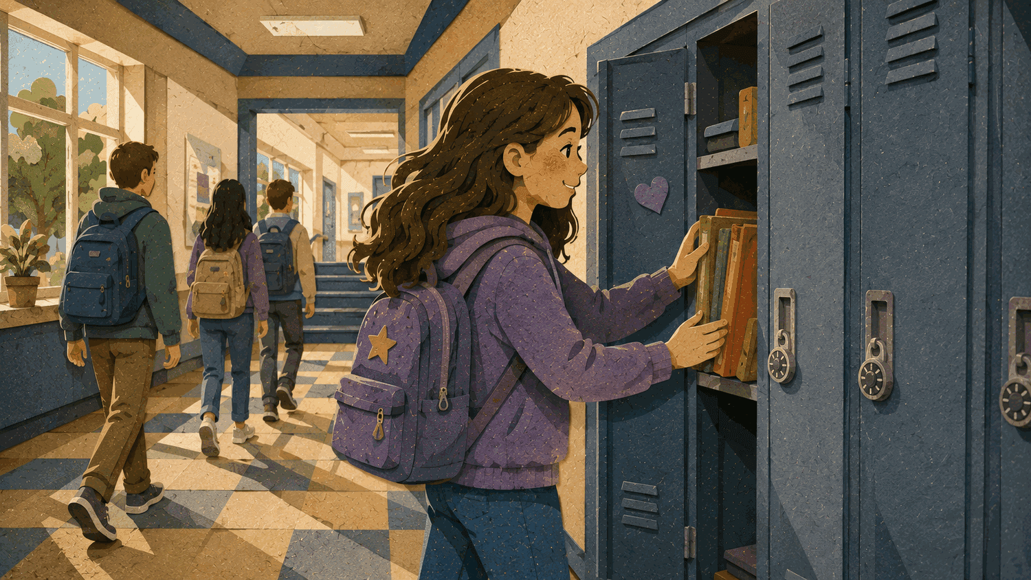 A middle school student confidently organizing books at her locker.