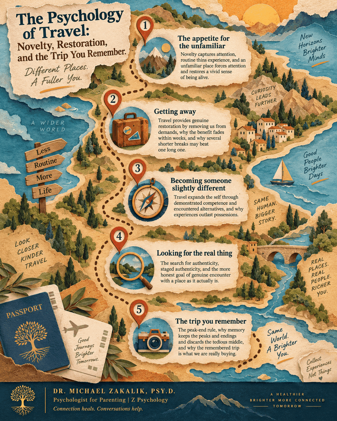 Infographic styled as an illustrated map with five numbered stops along a winding route: the appetite for the unfamiliar, getting away, becoming someone slightly different, looking for the real thing, and the trip you remember.