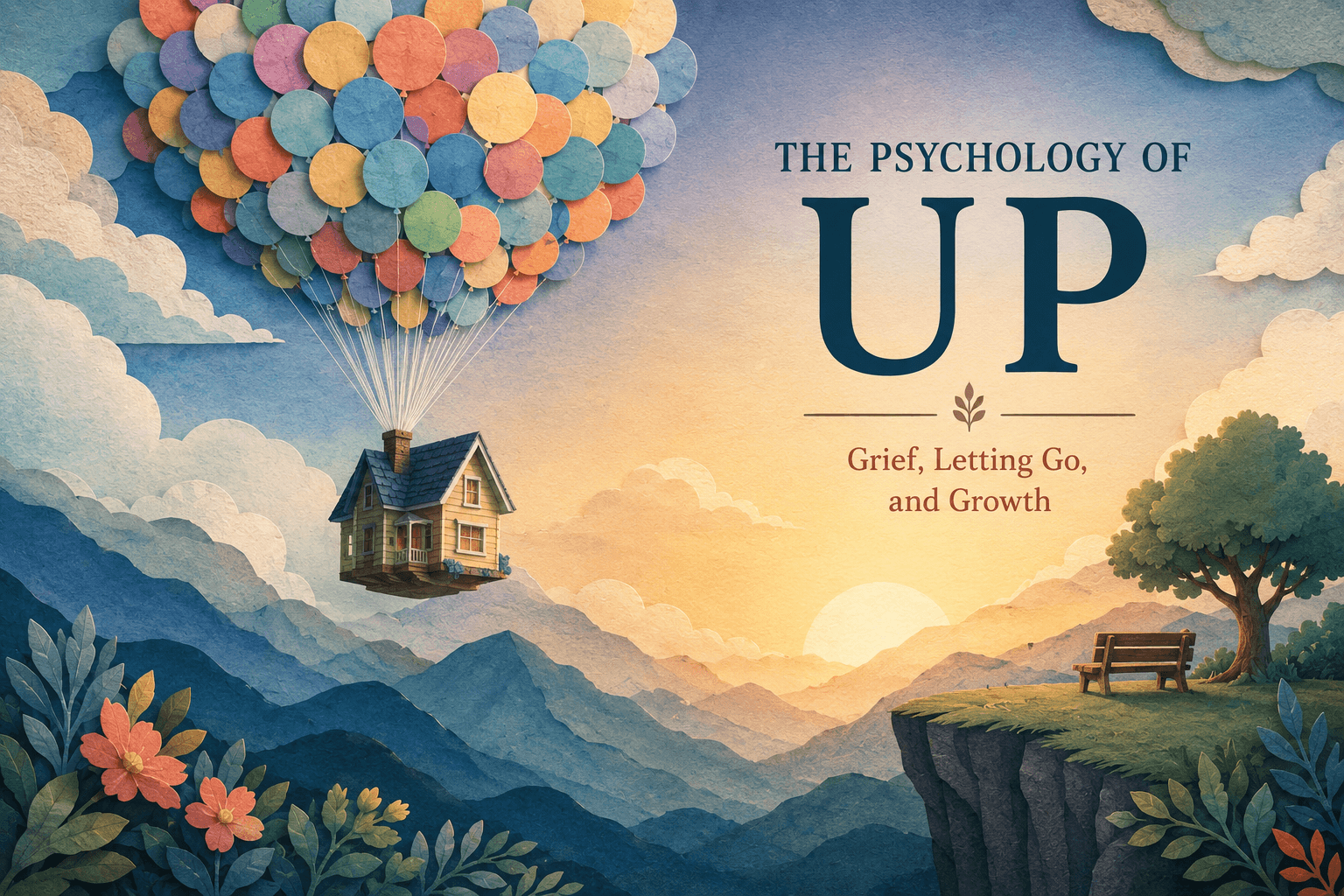 Illustration for The Psychology of Up, a house lifted by balloons over a valley at sunrise, evoking grief, letting go, and growth.