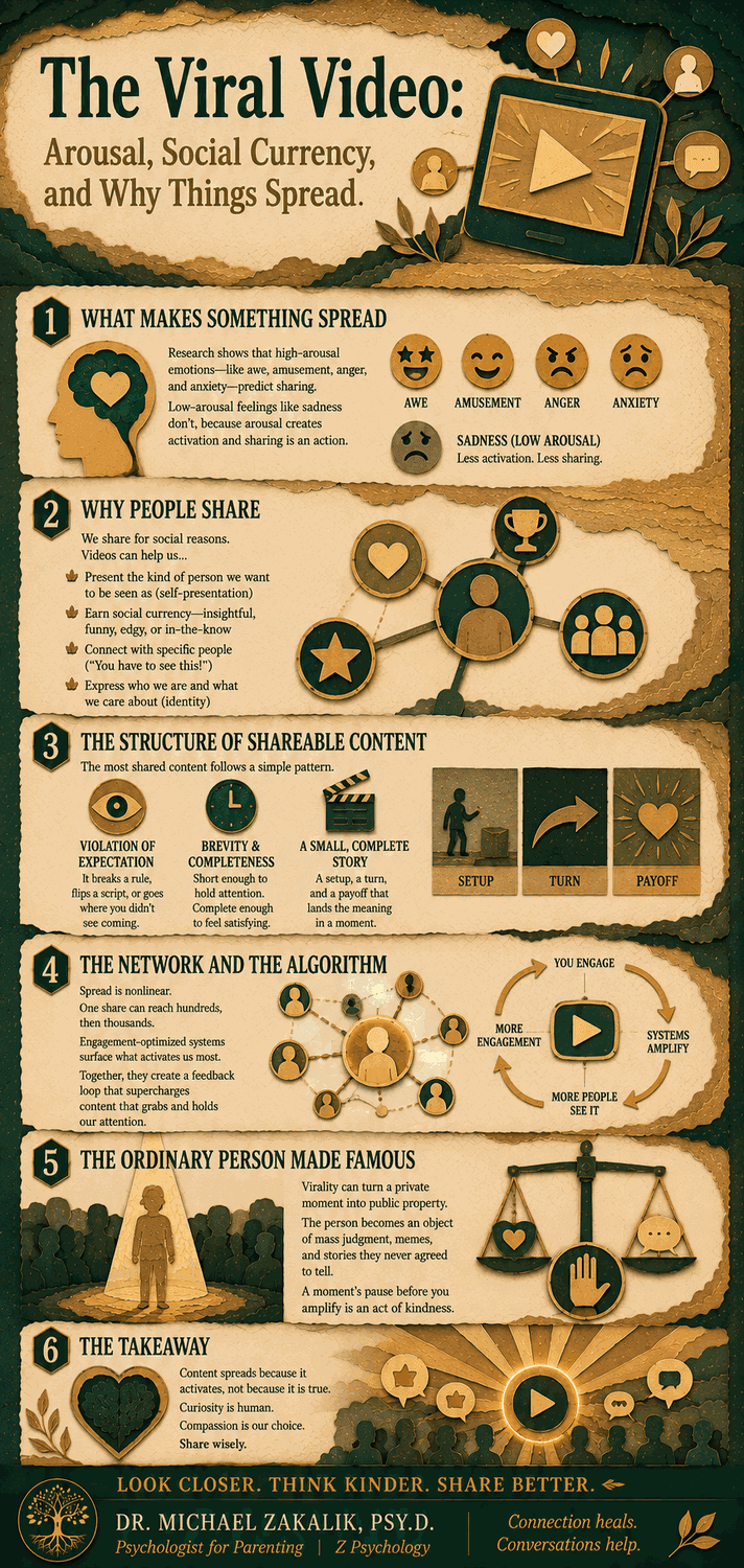 Infographic on the psychology of the viral video: high-arousal emotion, social currency and why people share, the structure of shareable content, the network and the algorithm, and the ordinary person made famous.