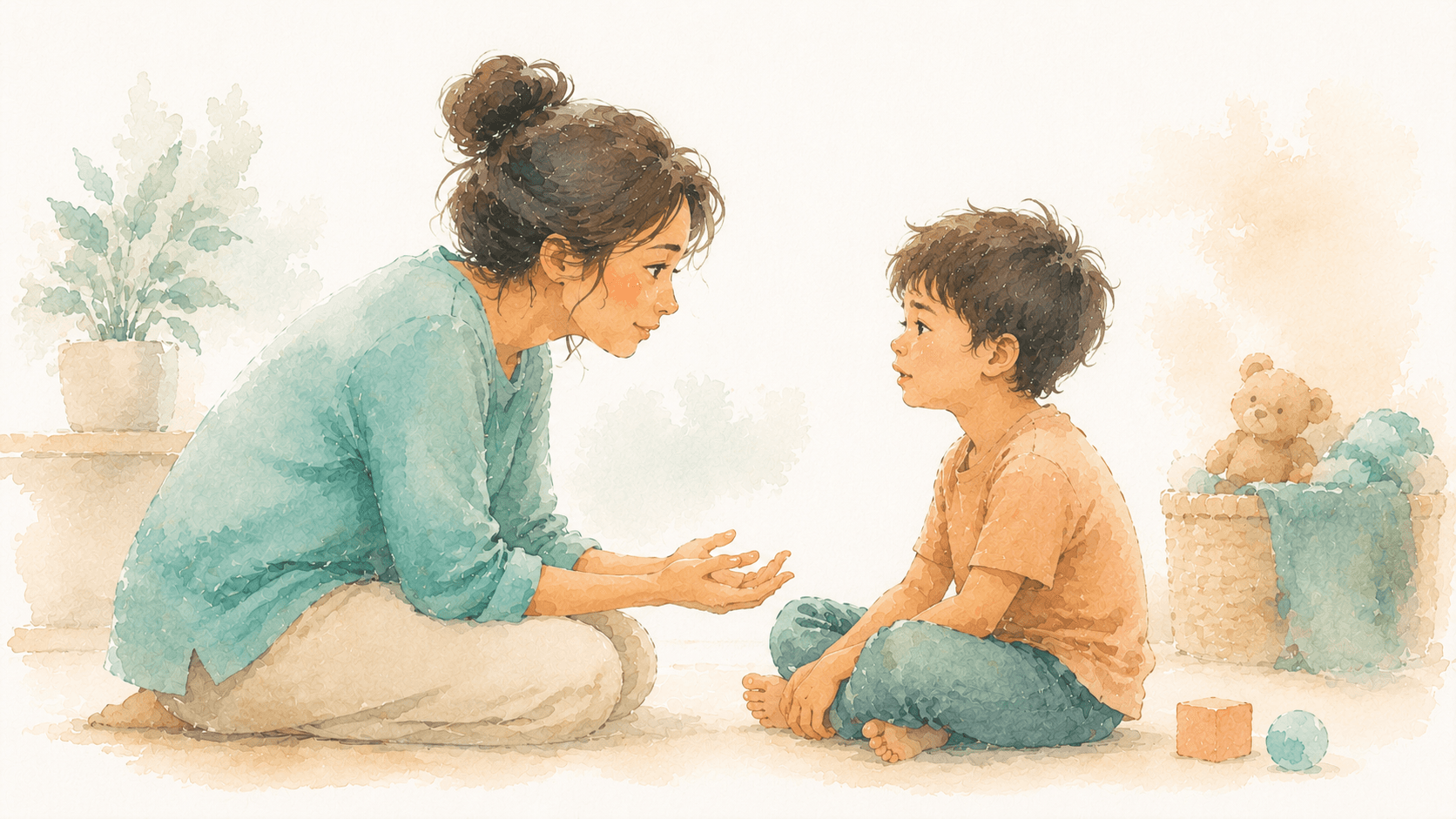 A parent calmly leaning in toward a child.