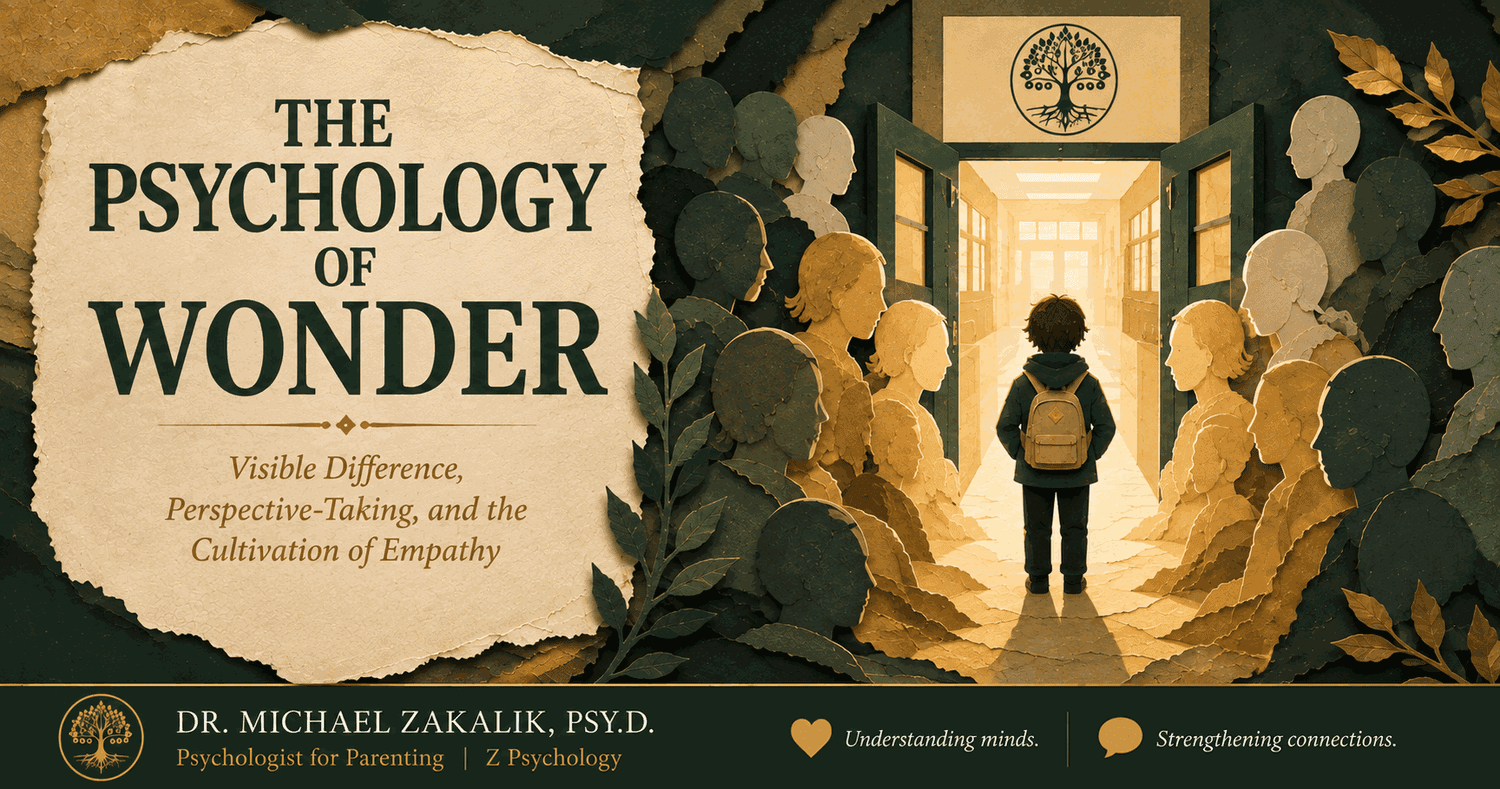 Paper-cut illustration of a young figure standing before a school doorway while many layered paper faces turn toward them, with warm light gathering around the figure, representing the burden of visible difference and the empathy that learns to see the whole person.