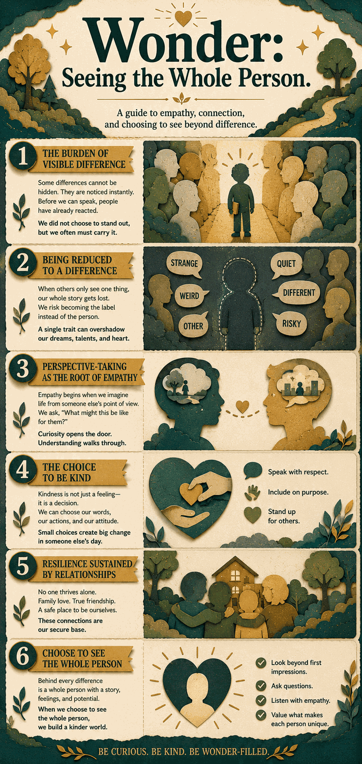 Infographic on Wonder: the burden of visible difference, perspective-taking as the root of empathy, the choice to be kind, resilience sustained by relationships, and choosing to see the whole person.
