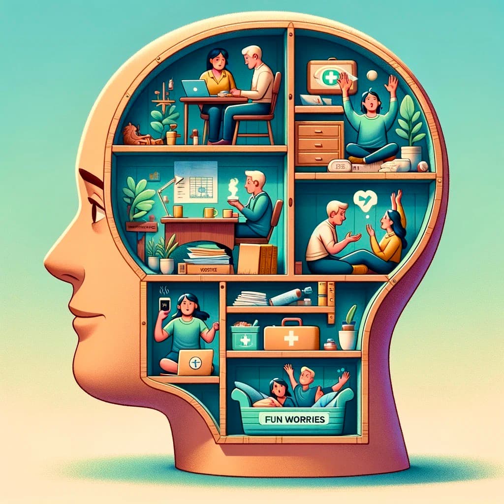 Illustration of a human head containing a room, symbolizing managing worries like a mental investment portfolio.