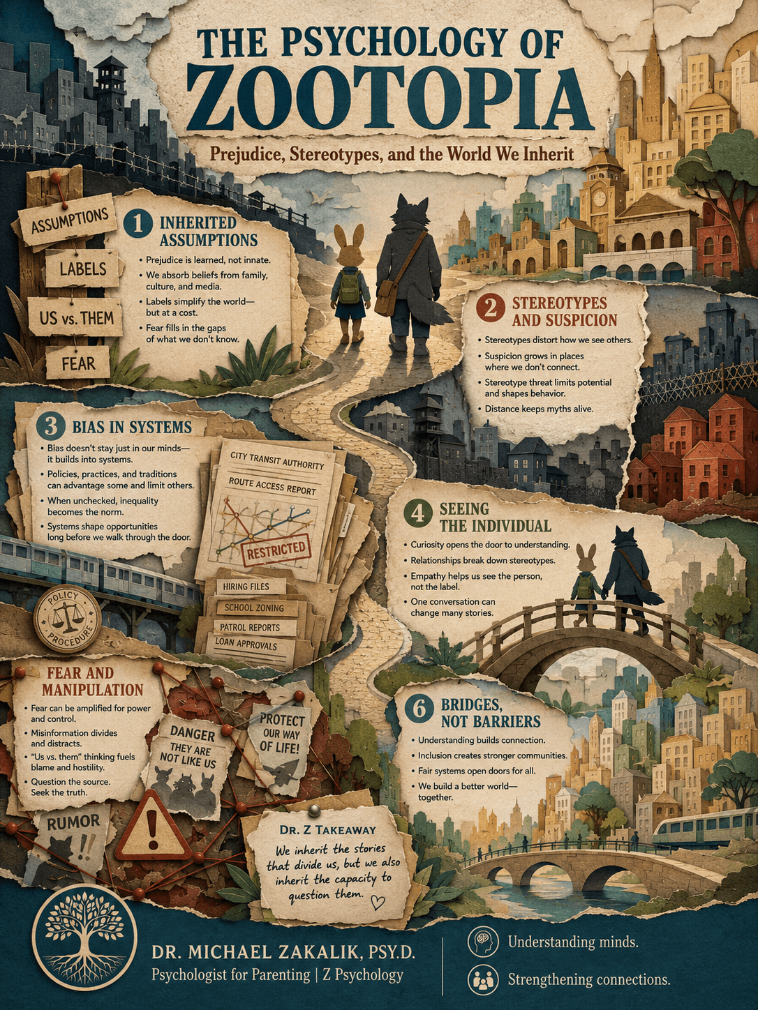 Infographic on Zootopia: implicit bias in good people, stereotype threat, the contact hypothesis and its conditions, the manipulation of latent fear, and the limits of the allegory.