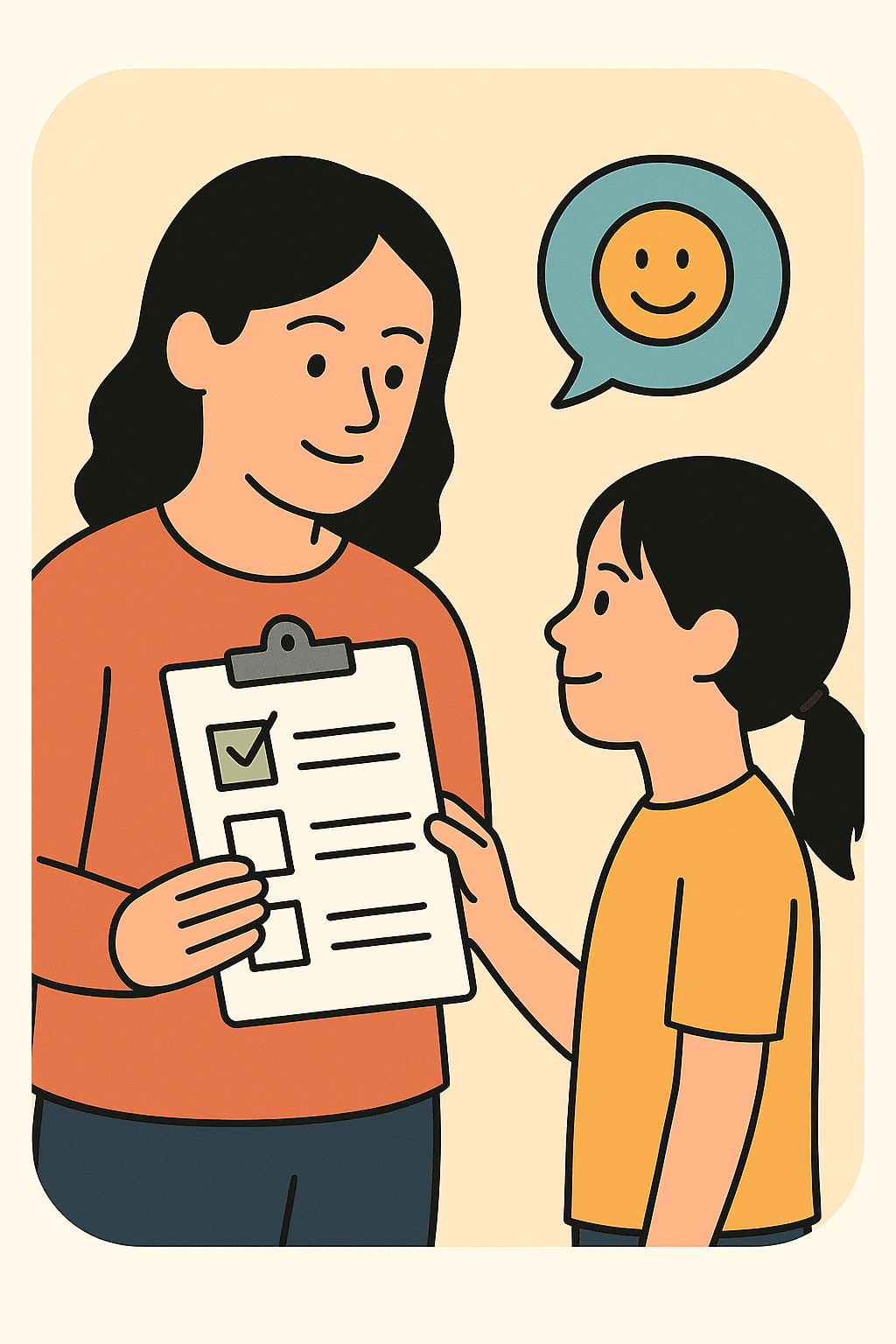 Mental health professional with clipboard talking to child with positive communication