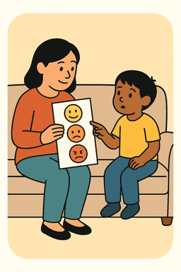 Therapist with child using emotion chart
