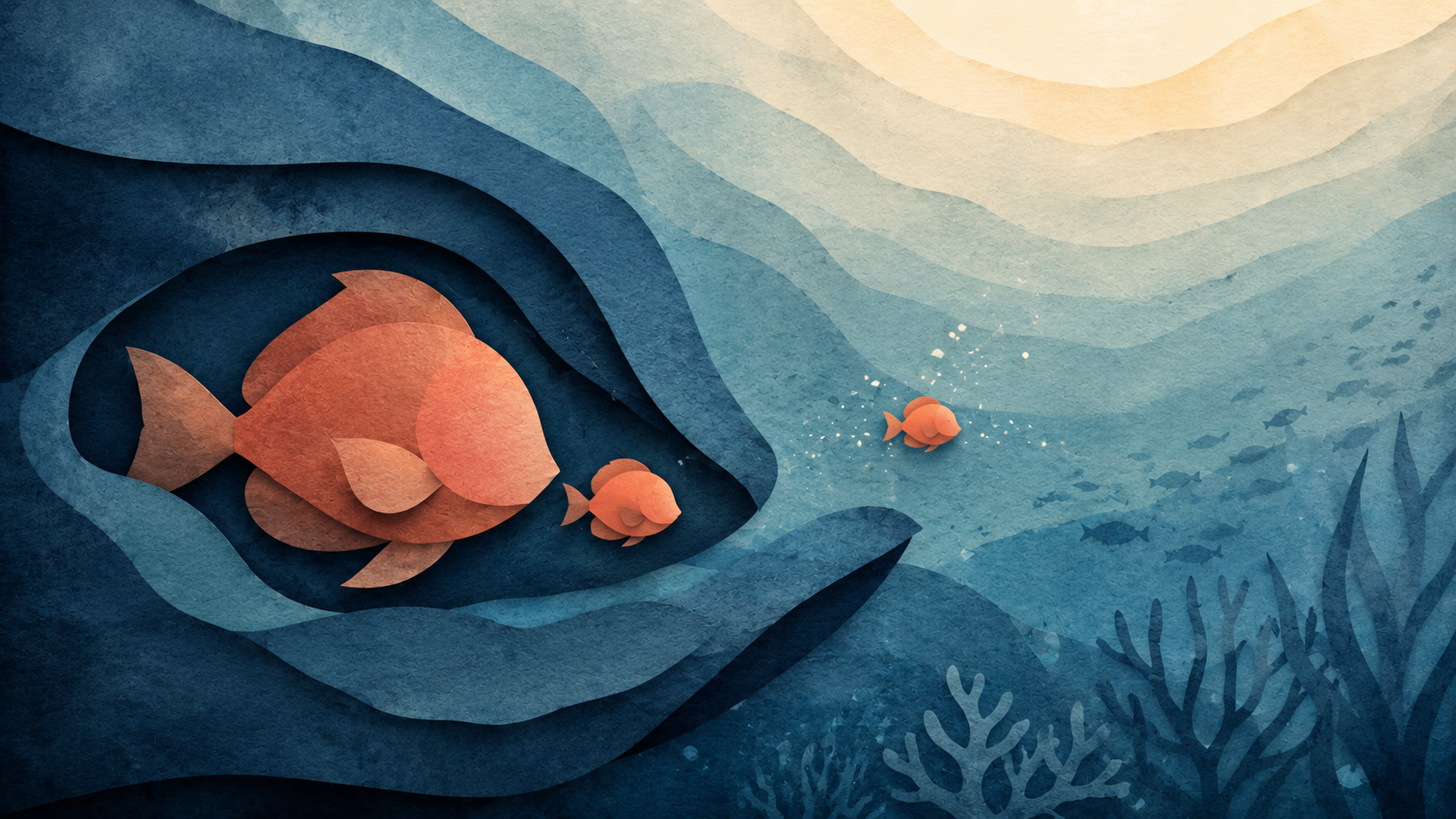 A parent fish sheltering a small child fish in a vast ocean, representing attachment and letting go.