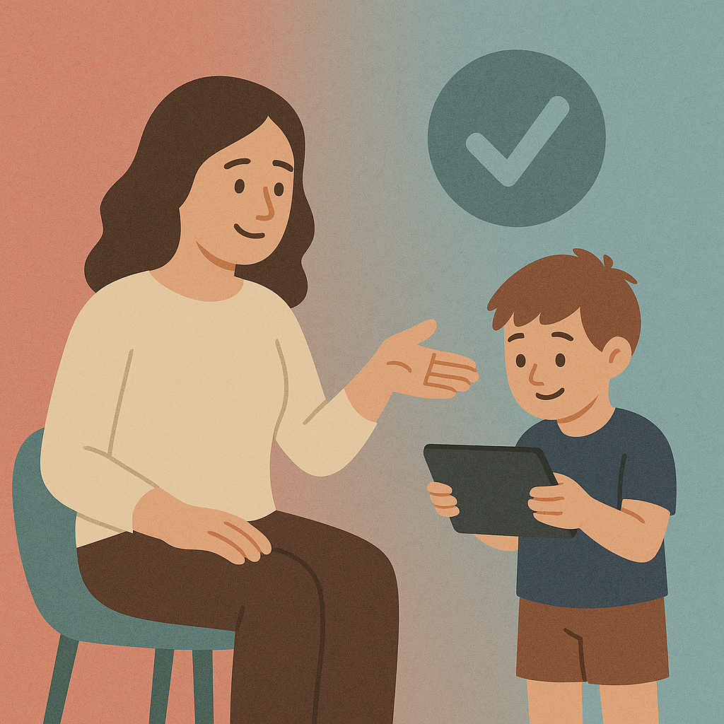 Parent and child having a positive conversation about screen time, with the child holding a tablet and both smiling