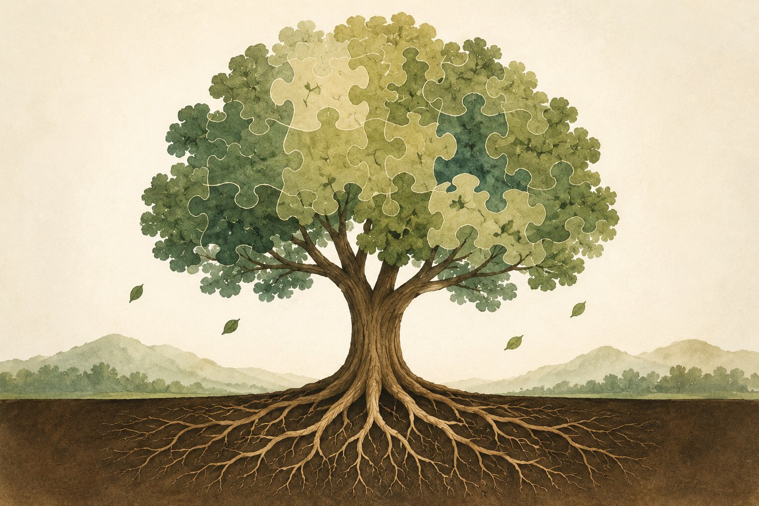 Watercolor tree with puzzle-piece leaves and deep roots, symbolizing a child's natural capacity for growth and connection.