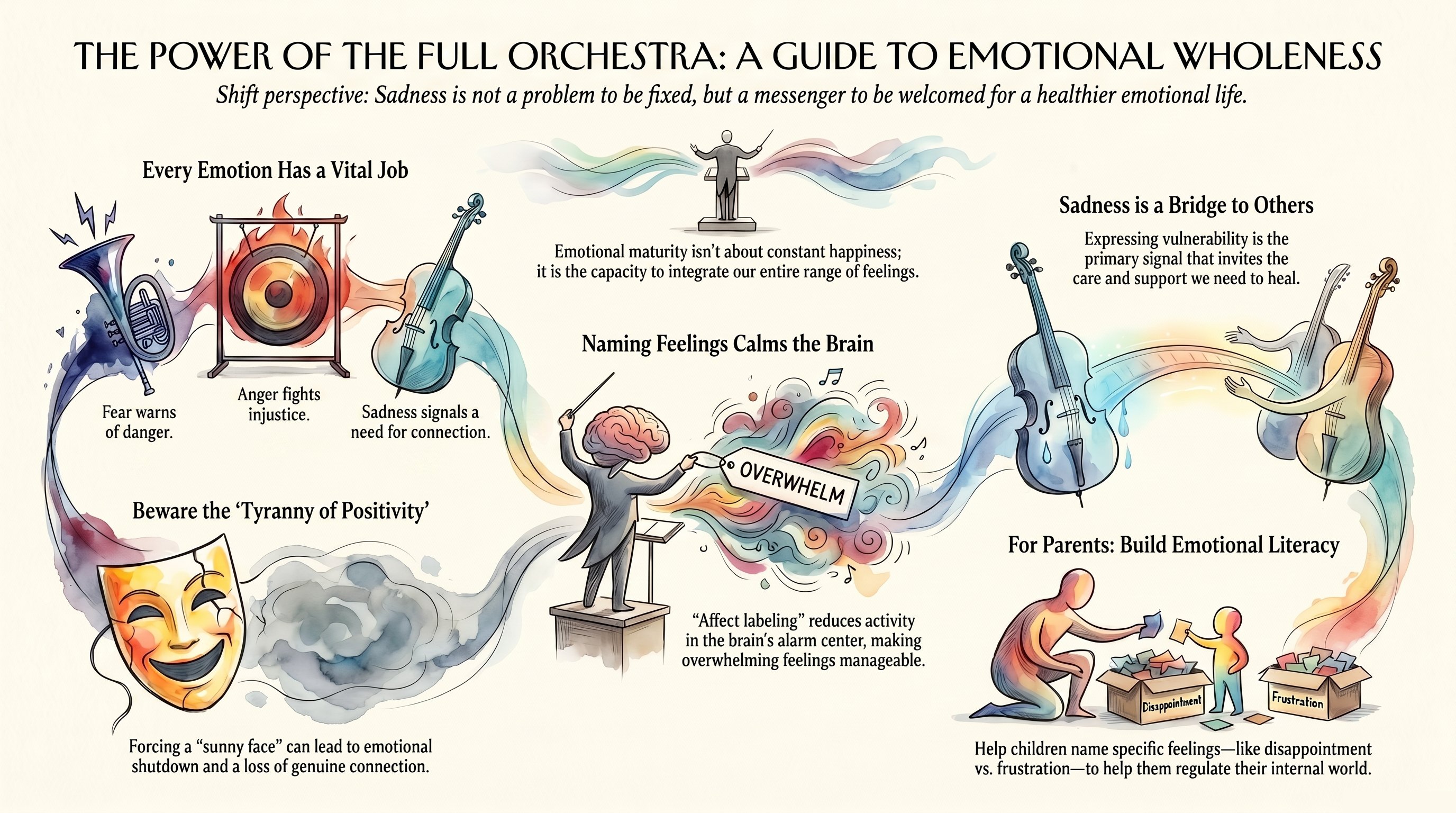 Watercolor infographic on emotional wholeness: every emotion has a job, naming feelings calms the brain, and sadness connects us.