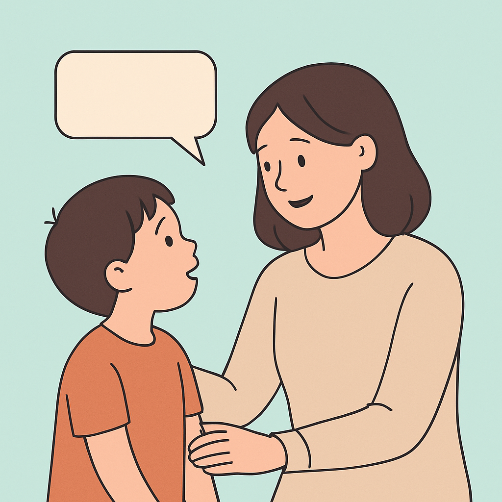 Warm illustration of a mother having a caring conversation with her child, with a speech bubble showing positive communication
