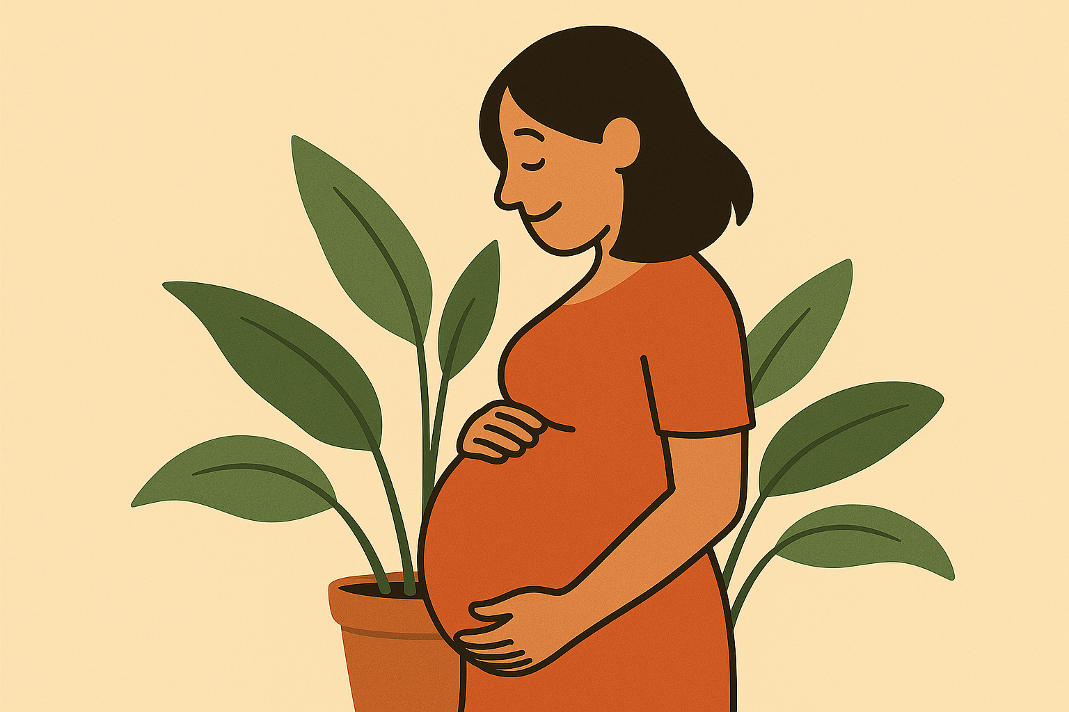 Expecting parent in peaceful pose with plants