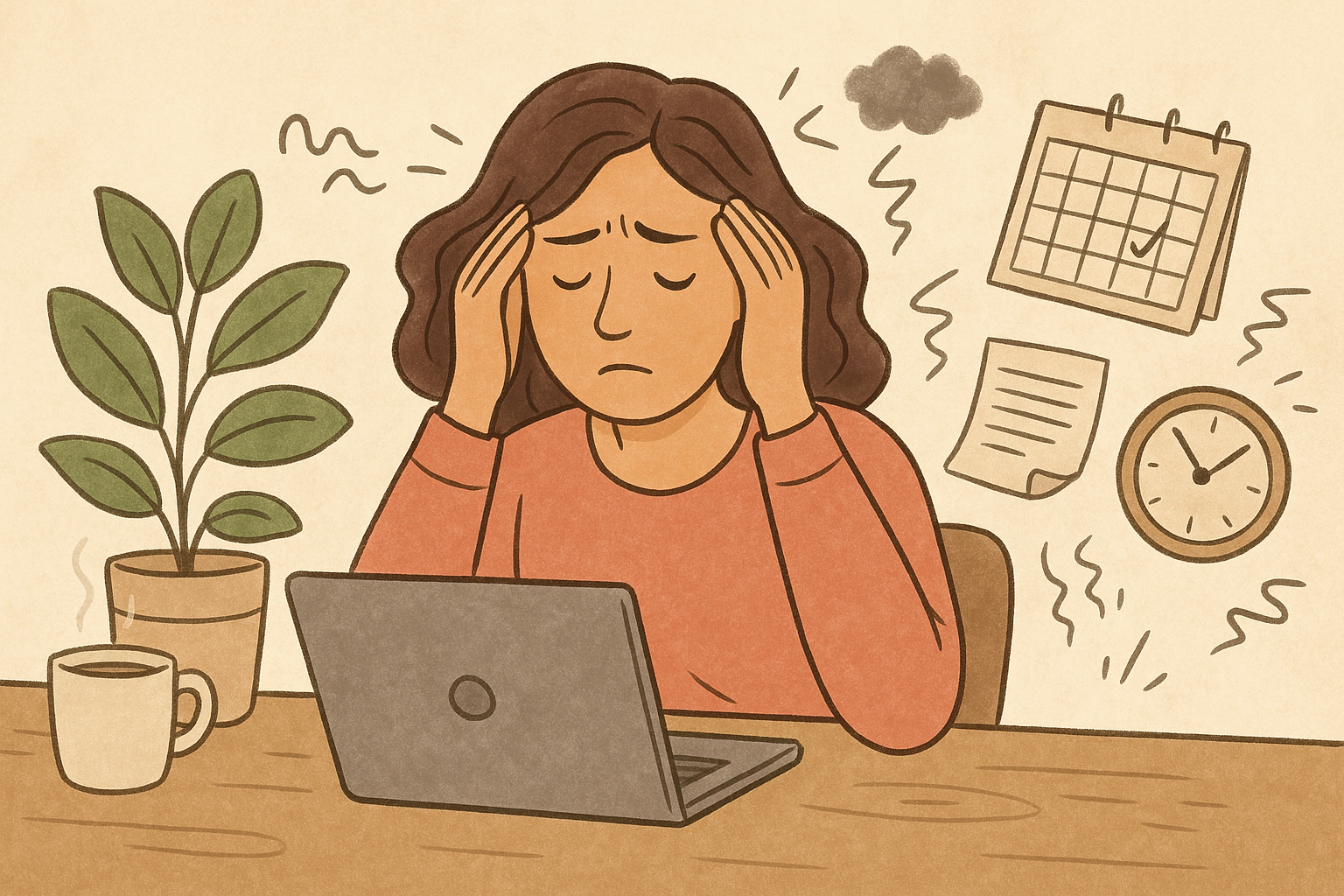 Illustration of a stressed parent at a desk with laptop, calendar, and coffee